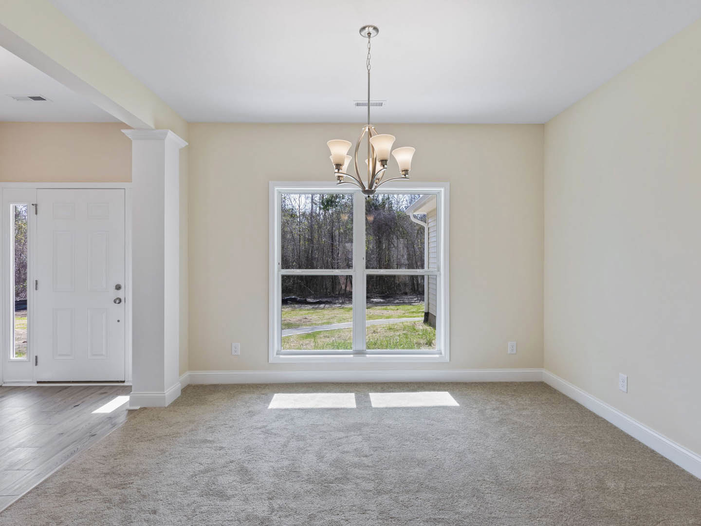 Chandelier hanging from ceiling above plush white carpet, large window with outdoor view, white paneled door with glass insert, soft natural light illuminating neutral walls and