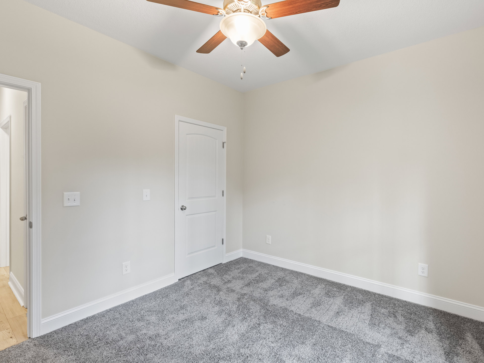 Carpeted room with wood floor and white baseboard, ceiling fan with light fixture, white door with silver knob, and dual light switch on plaster wall
