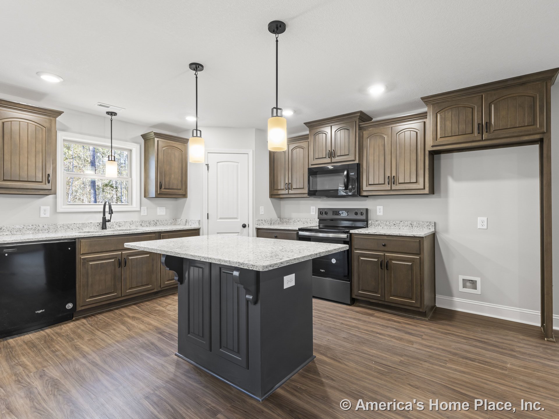 Wood cabinetry kitchen with granite countertops, central island topped with pendant lights, stainless steel appliances, vinyl plank flooring, and window above built-in dishwasher