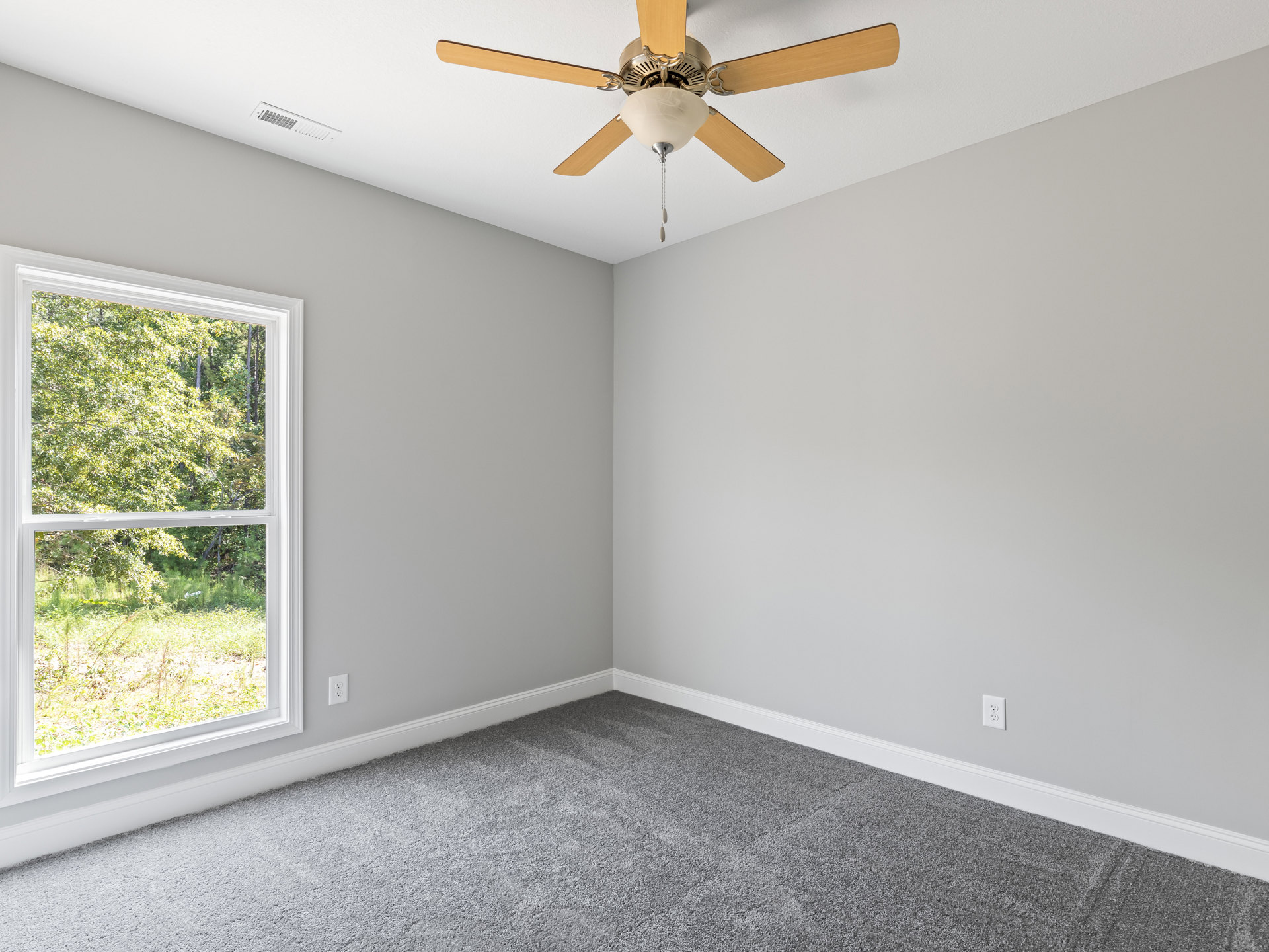 Ceiling fan with light fixture mounted on white plaster ceiling above grey carpeted floor, large window revealing grassy field and trees outside