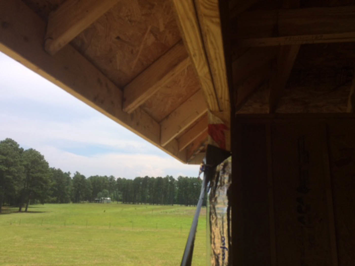 Wood plank roof of custom home with blue sky, grassy field, and cluster of trees in the background
