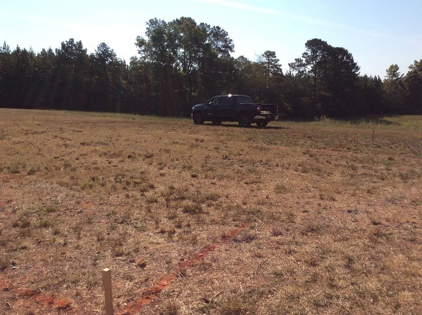 White pickup truck parked on dry grass field with tall green trees in background, clear blue sky overhead