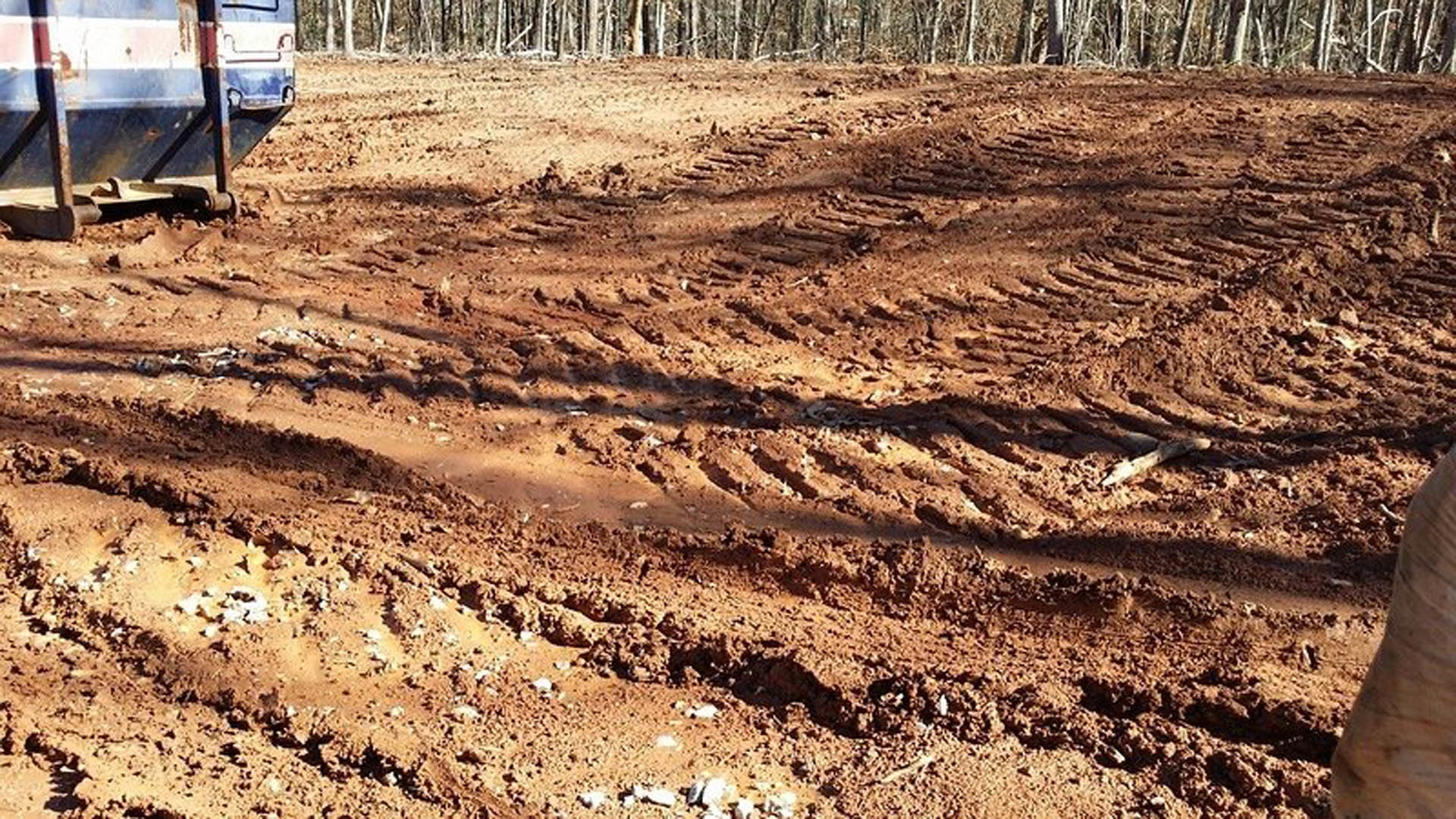 Dirt field with tire tracks, patches of mud, and scattered trees in the background