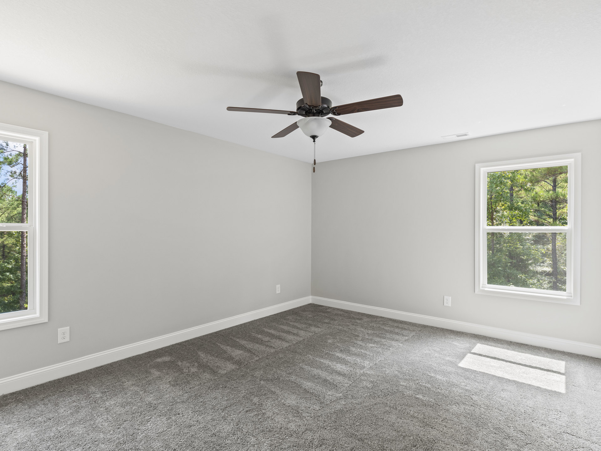 Ceiling fan with light fixture mounted on white plaster ceiling above grey carpeted floor, window with trees visible in background