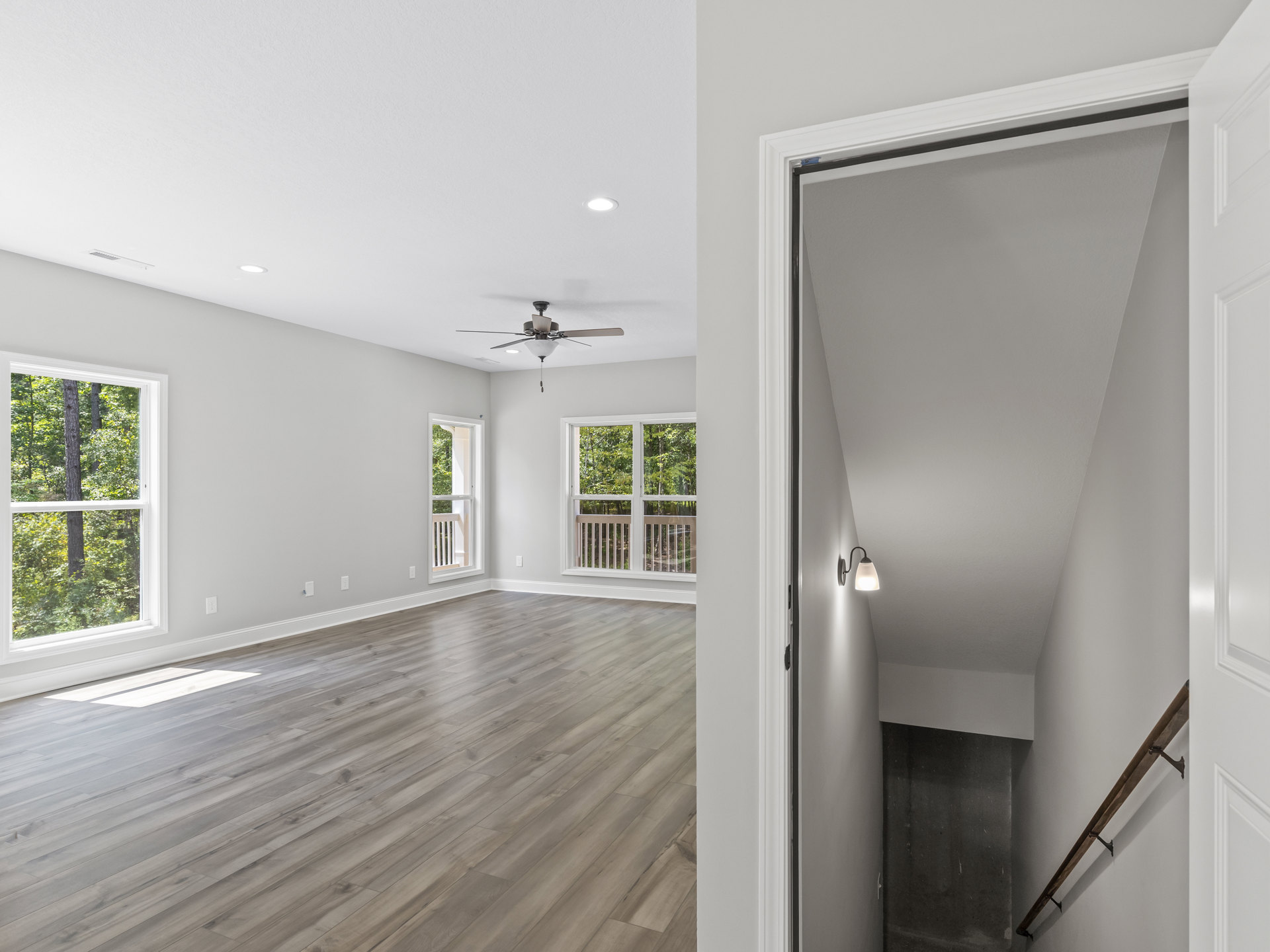 Wood floor room with white-framed window overlooking trees, ceiling fan with light fixture, and wall-mounted handrail