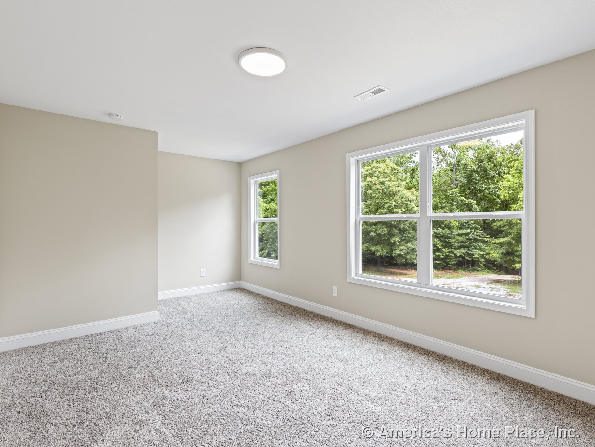 Carpeted bedroom with neutral walls, white baseboards, large double windows with white trim, flush ceiling light, and rectangular layout.