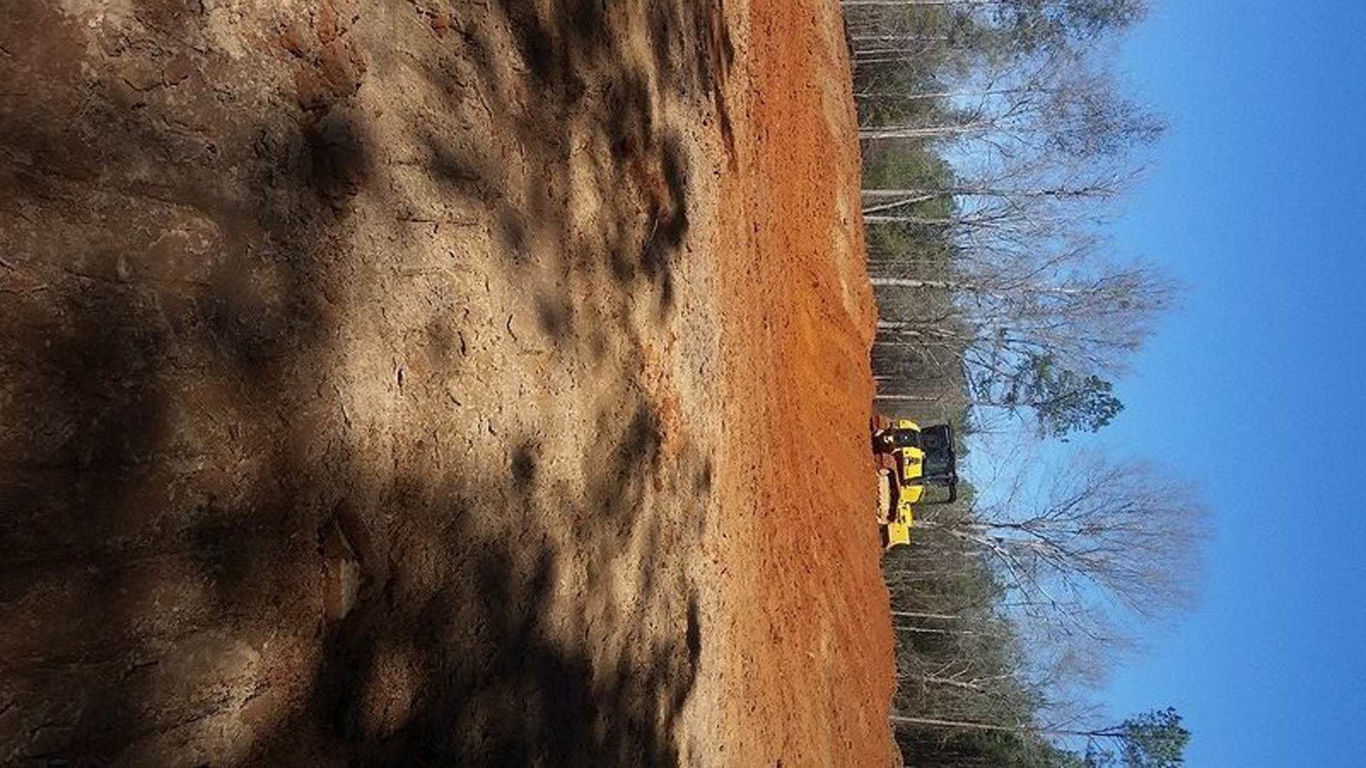Yellow bulldozer grading dirt field outdoors with trees and blue sky in background