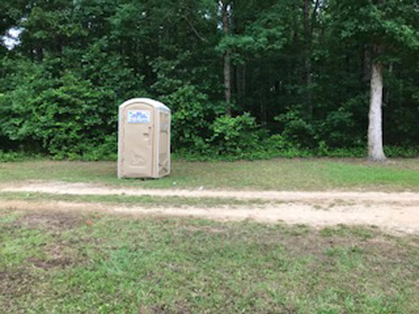 Portable blue and white toilet set on grass near trees and dirt path