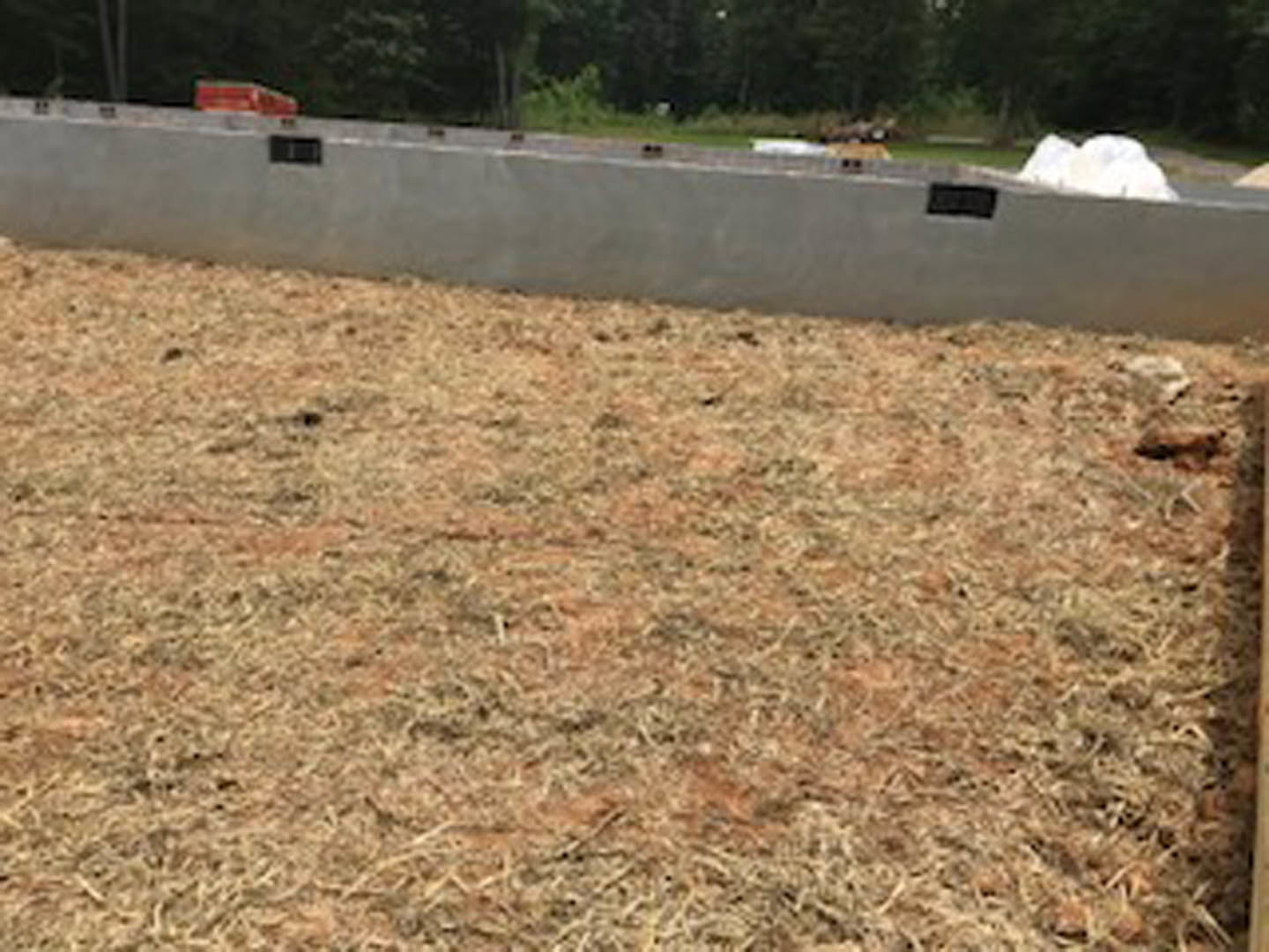 Smooth concrete wall bordering a grassy field with scattered trees and plants in the background