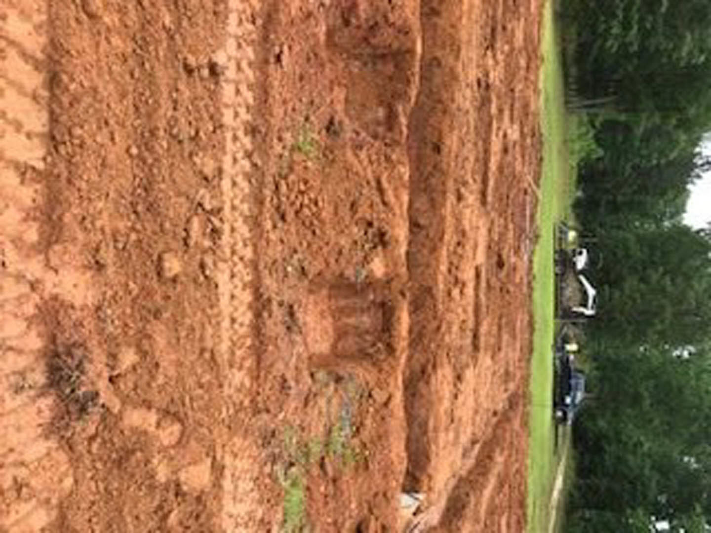 Dirt field with tire tracks, tractor in the background, group of trees along the edge, outdoor setting with soil and ground visible