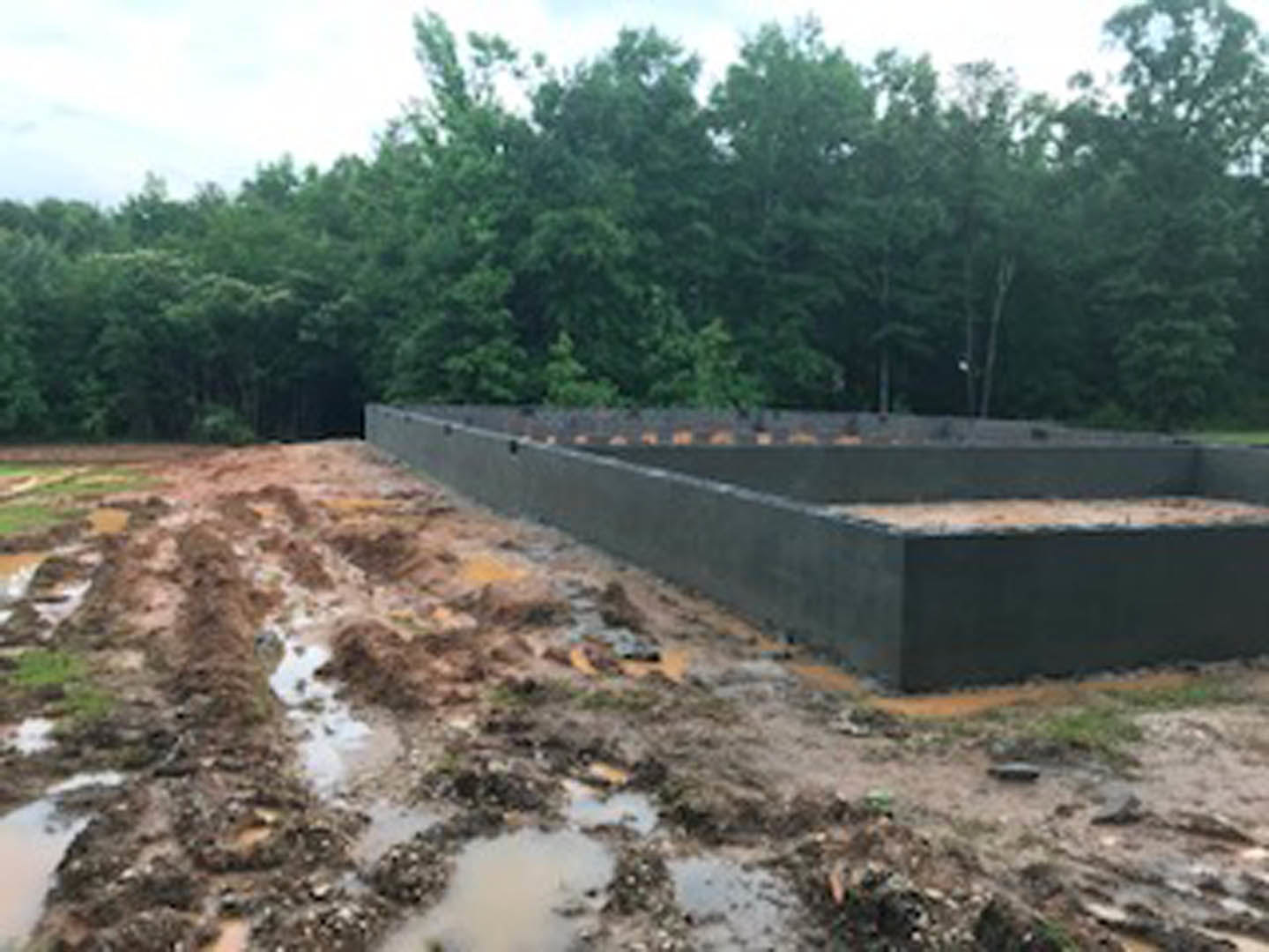 Concrete foundation slab set in a muddy dirt field, surrounded by scattered trees and grassy plants in the background