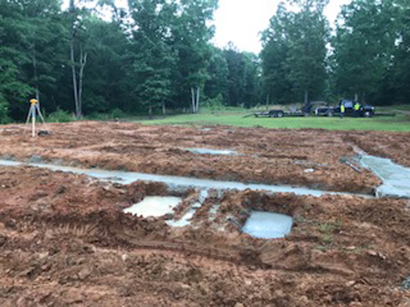 Dirt field with patches of mud, scattered grass, and trees lining the background under an open sky
