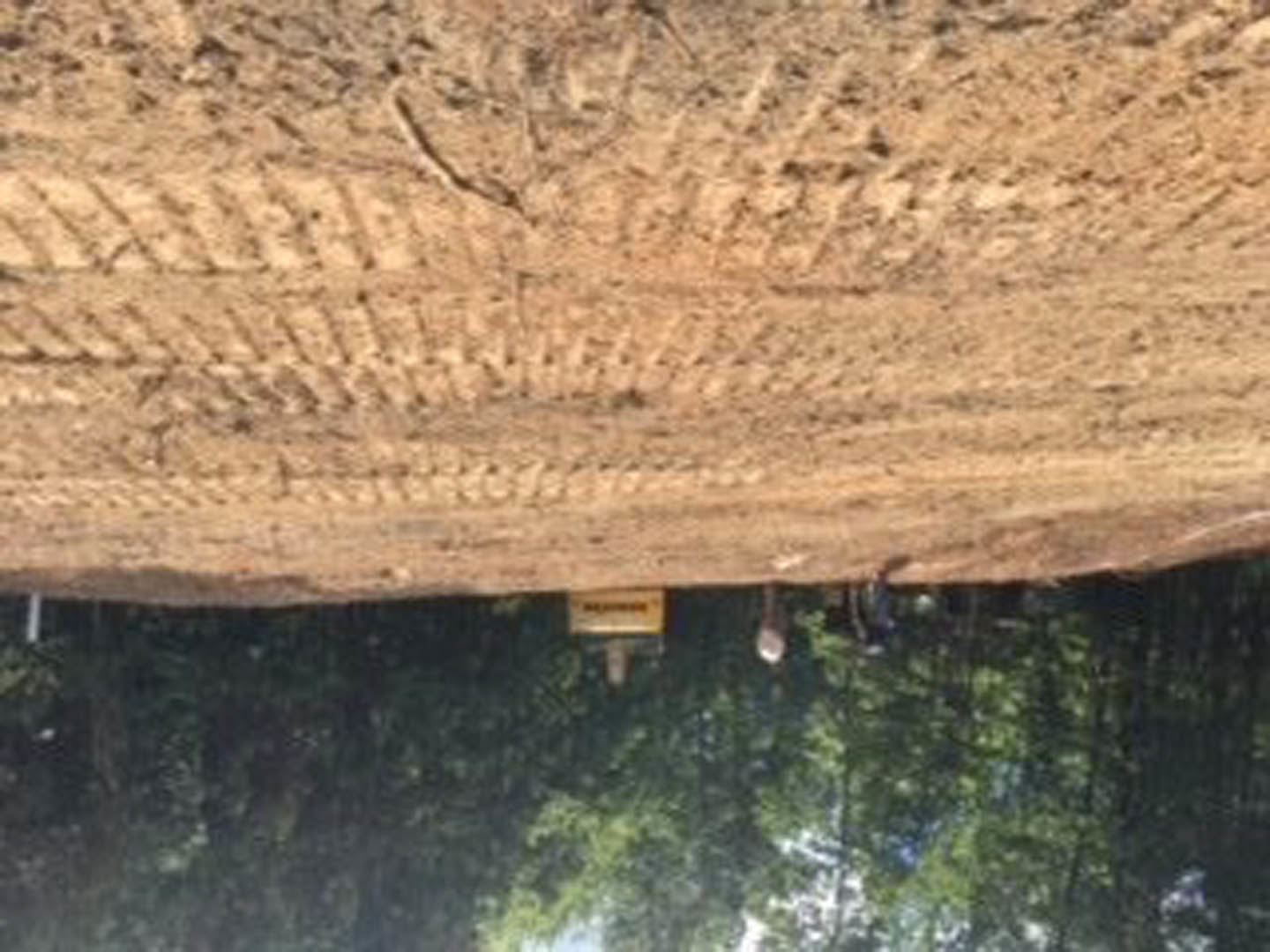 Dirt field with tire tracks, scattered trees in the background, yellow utility box with sign, partially visible blurry face and sign.