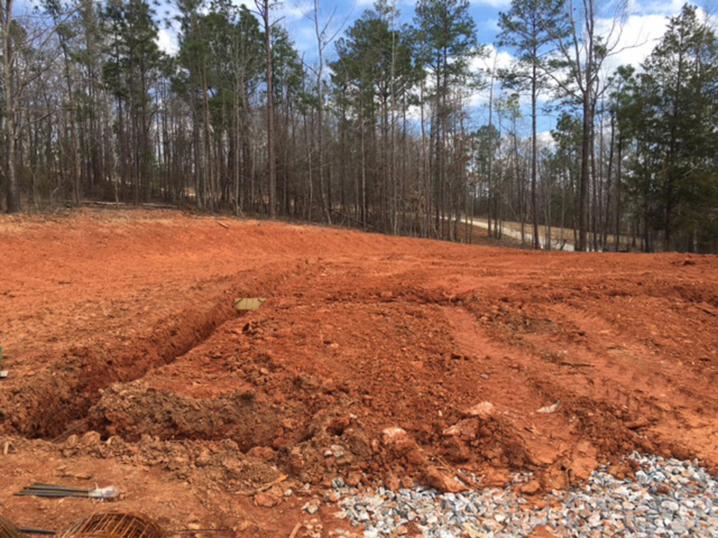 Dirt field bordered by trees under open sky, natural soil and sparse vegetation visible