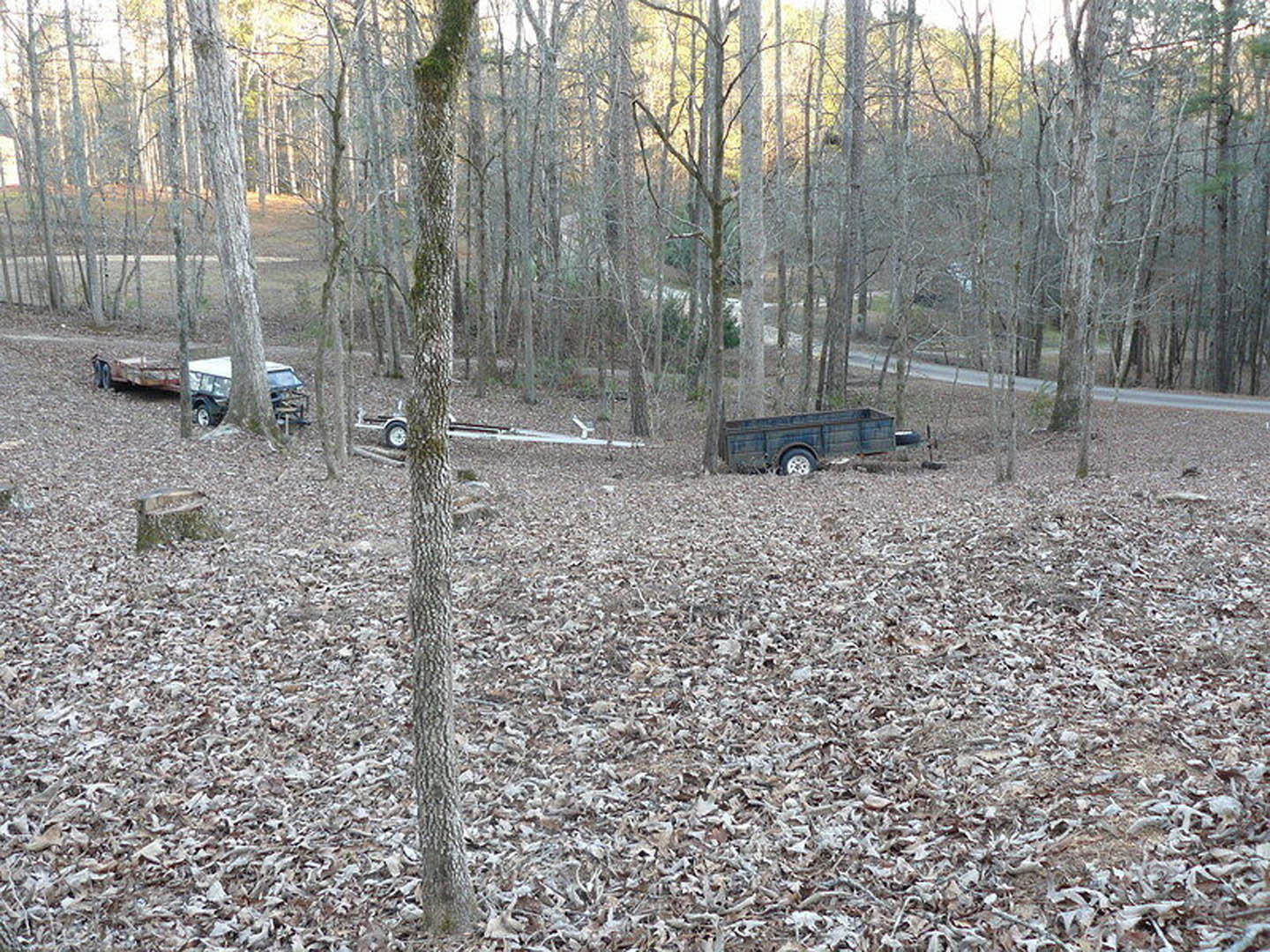 Blue pickup truck parked on dirt driveway beside tall trees in wooded area, exterior of custom home partially visible in background.