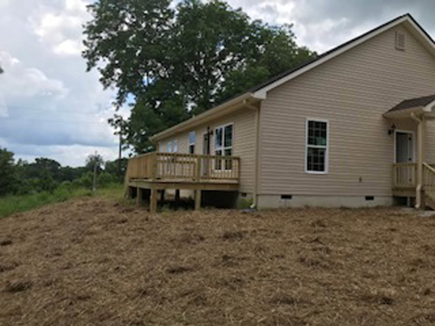 Two-story house with white siding, large windows, wooden deck, grassy lawn, and mature tree in the foreground