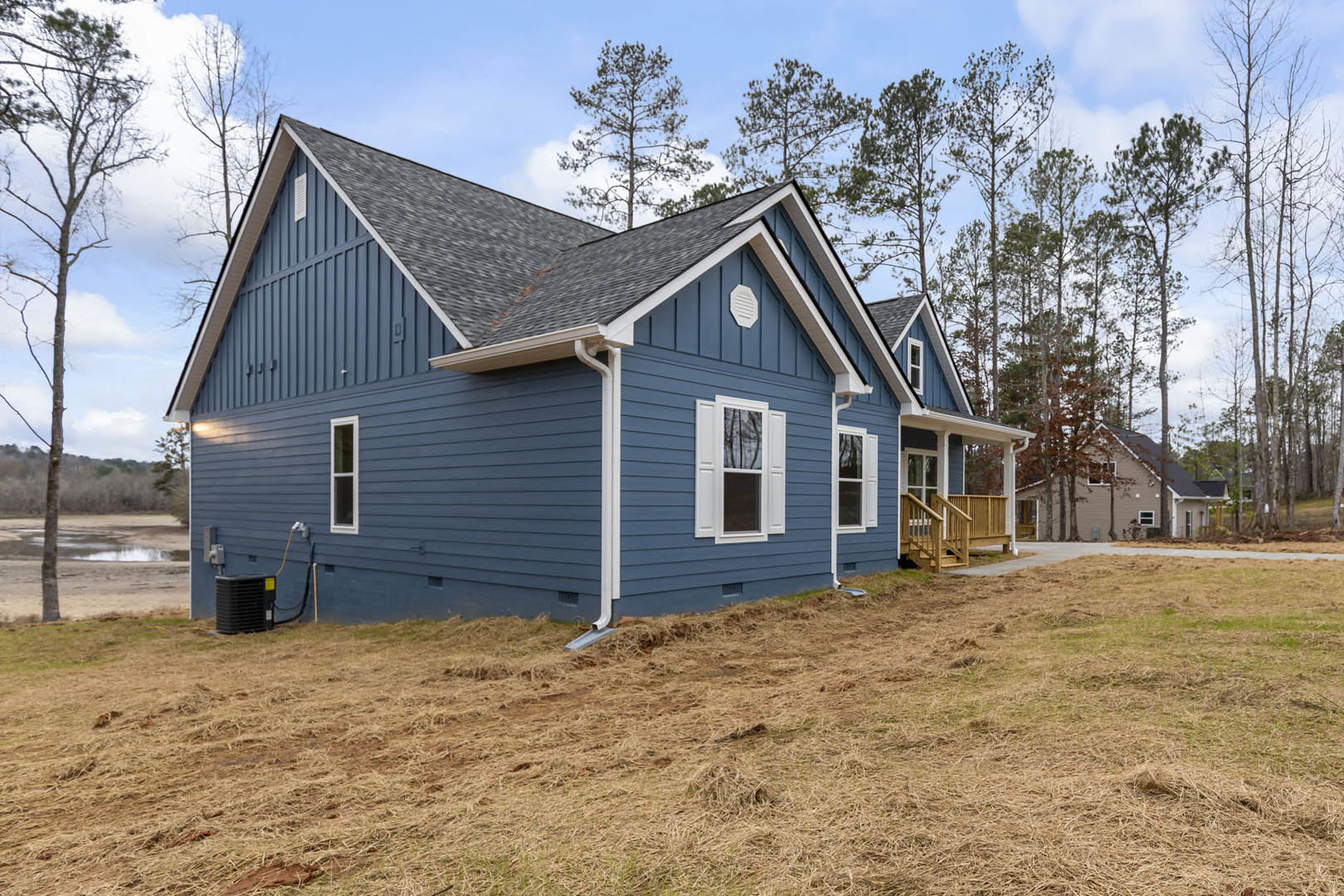 Blue house with white trim, grassy yard, leafless tree, white-framed windows, black vented gutter, cloudy sky in background