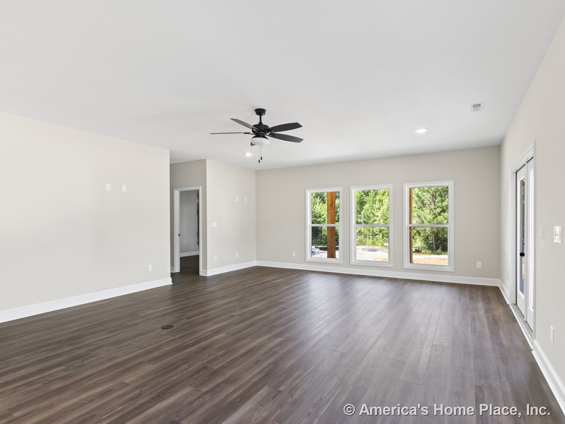 Tall windows and glass exterior door allow natural light into living room with dark wood-look flooring, white baseboards, neutral wall paint, and ceiling fan with light fixture.