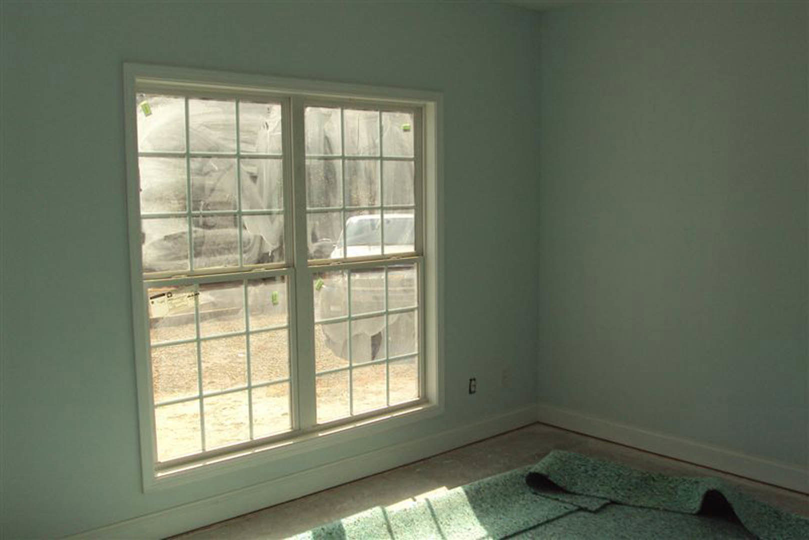 Neutral-toned carpeted room with multi-pane white framed window, sunlight filtering through blinds, white walls, and ceiling light fixture