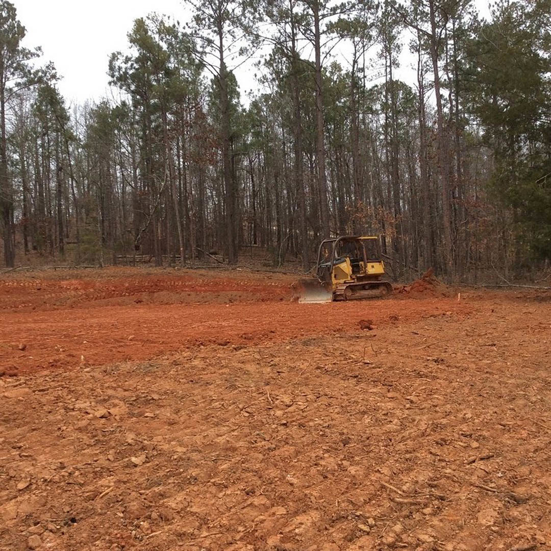 Yellow tractor parked on bare dirt field surrounded by tall trees under blue sky