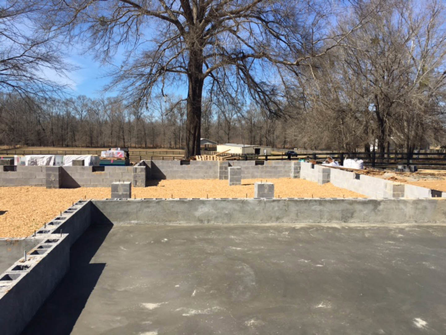 Concrete foundation with unfinished cement walls, leafless tree in the background, square window opening, and a blurry truck visible near the construction site.