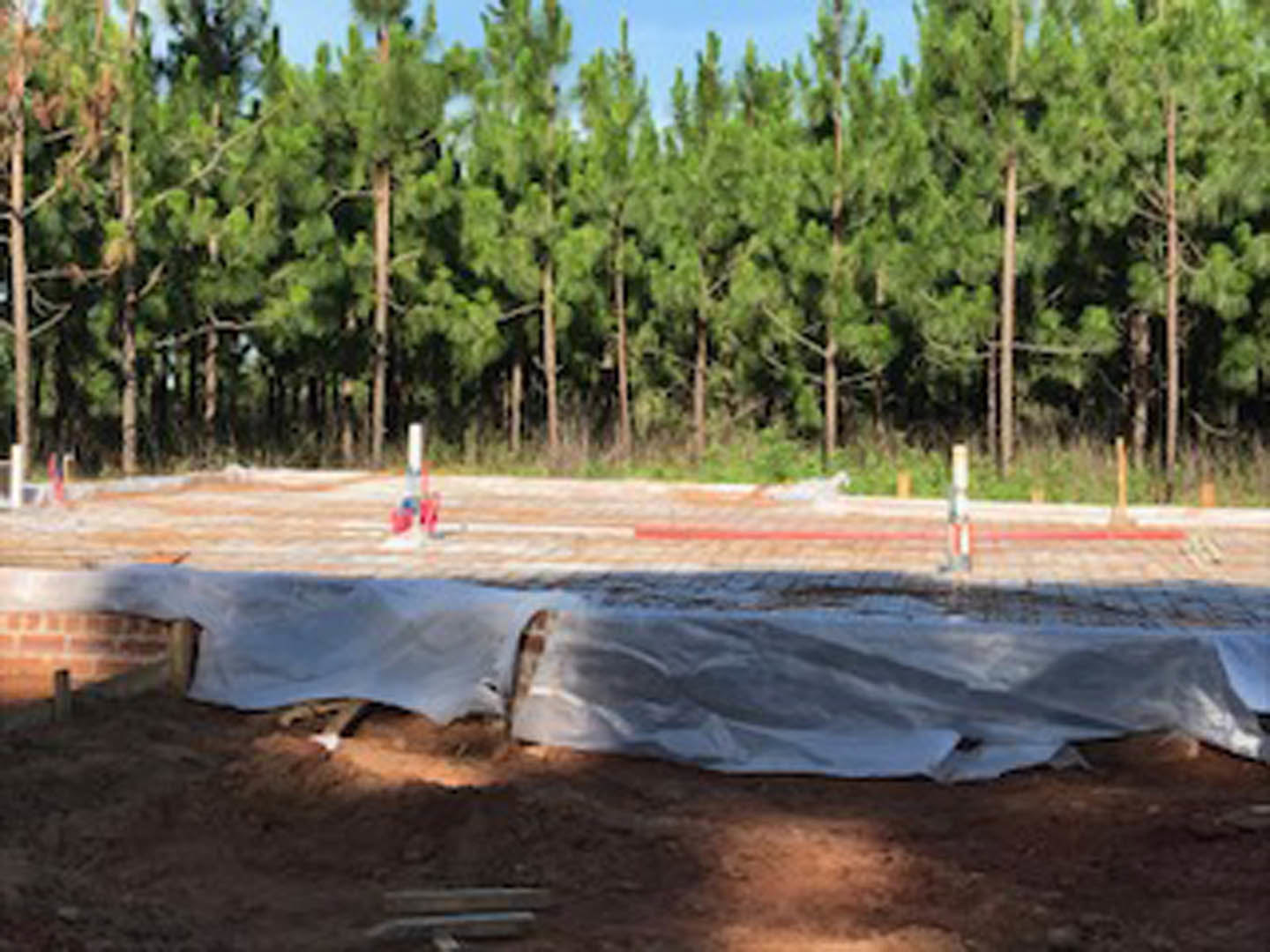 White tarp covering dirt at a residential construction site, surrounded by tall trees in the background