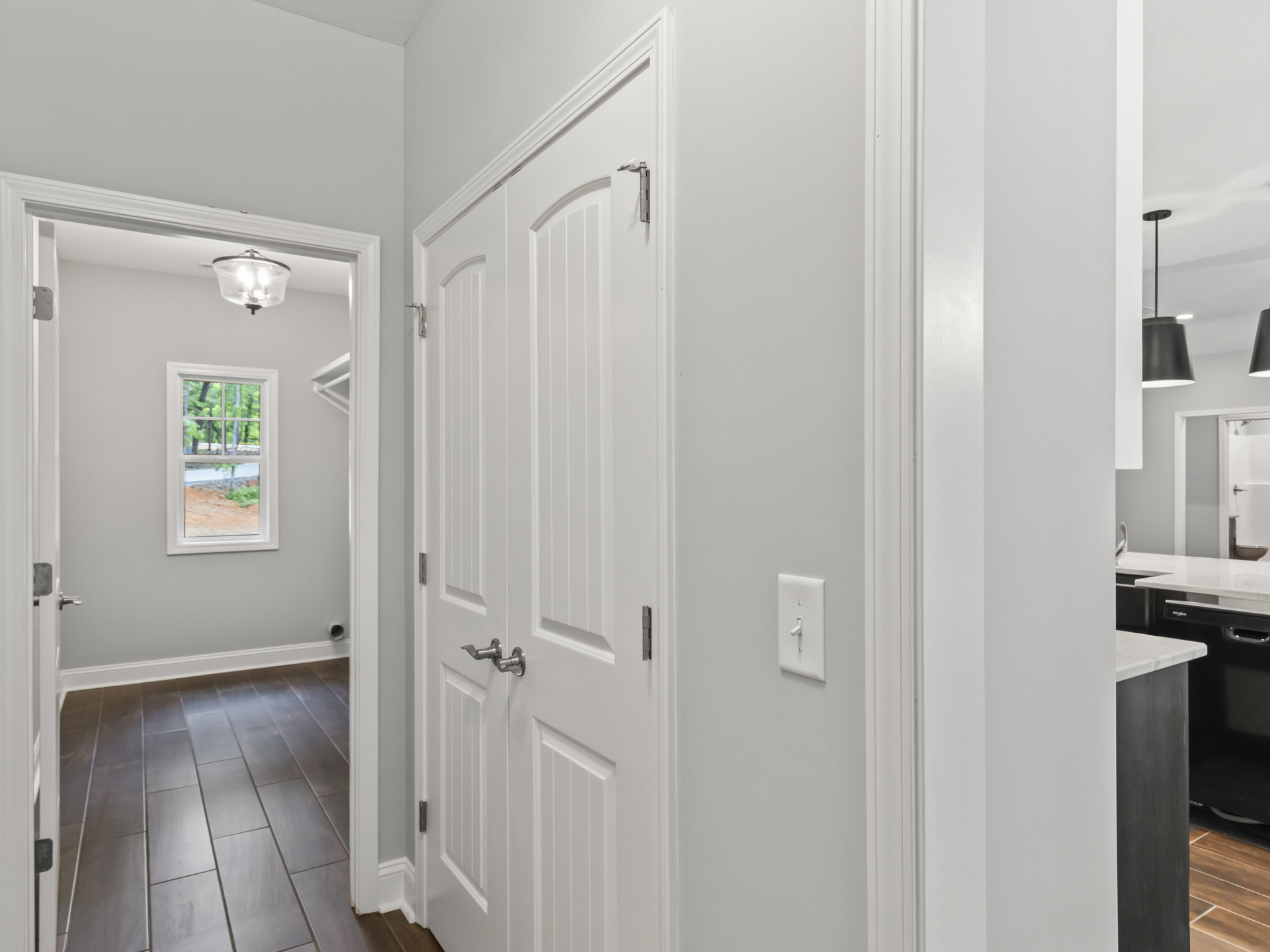 White paneled door with chrome handle, adjacent window showing leafy trees, wood floor with white baseboard trim, light switch on plaster wall, clear glass pendant light overhead