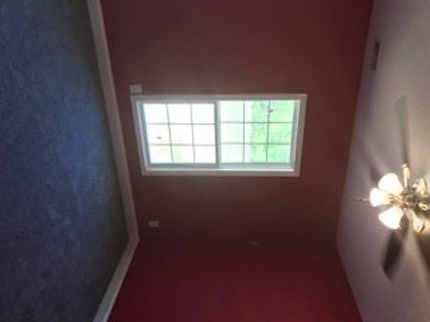 Large multi-pane window set in a white plaster wall, decorative molding framing the window, ceiling fan with dark blades overhead, natural daylight illuminating the room.