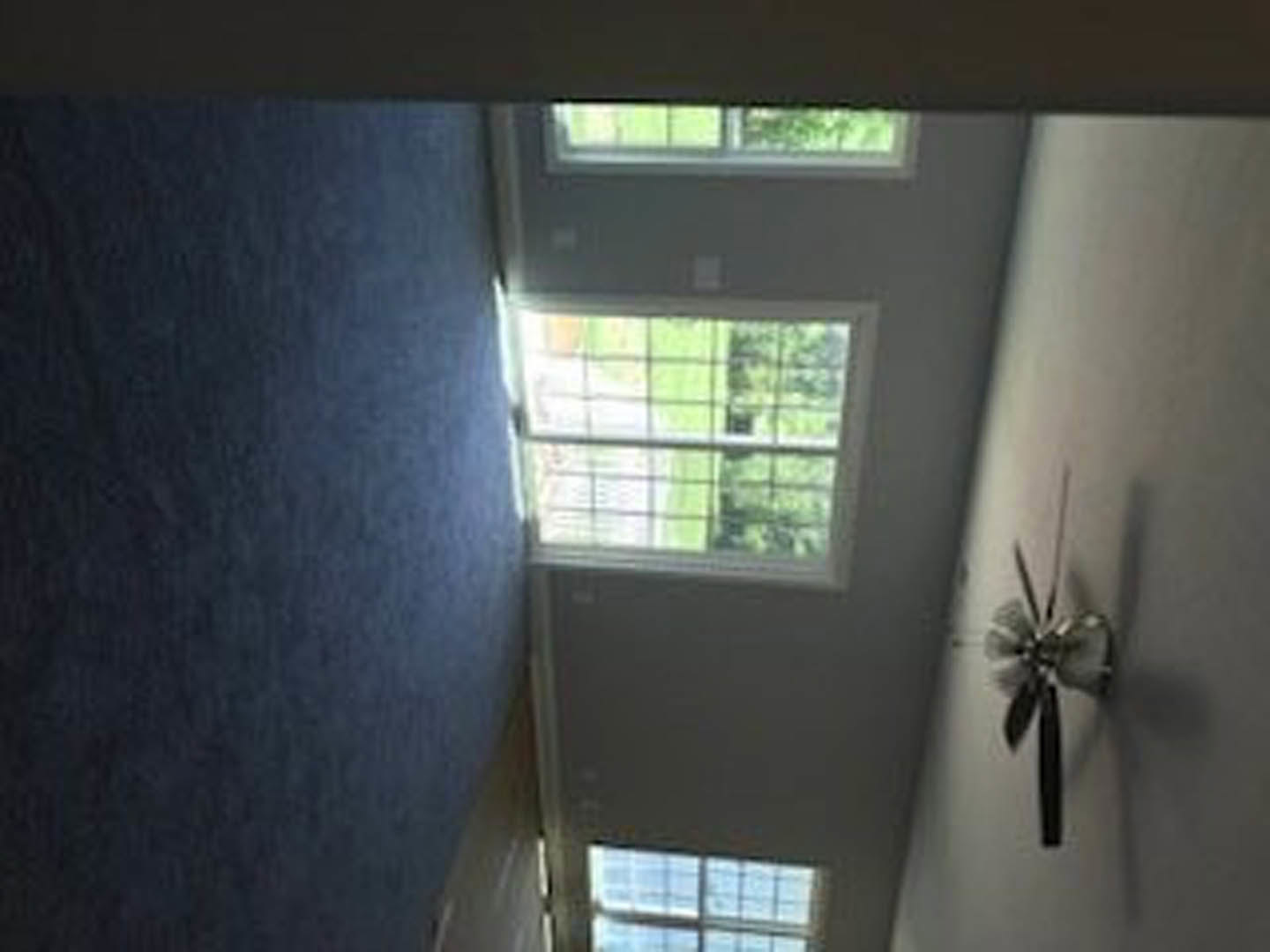 Ceiling fan with brushed metal finish mounted in a room featuring blue walls, large windows overlooking a green field, and natural daylight illuminating the hallway and floor.