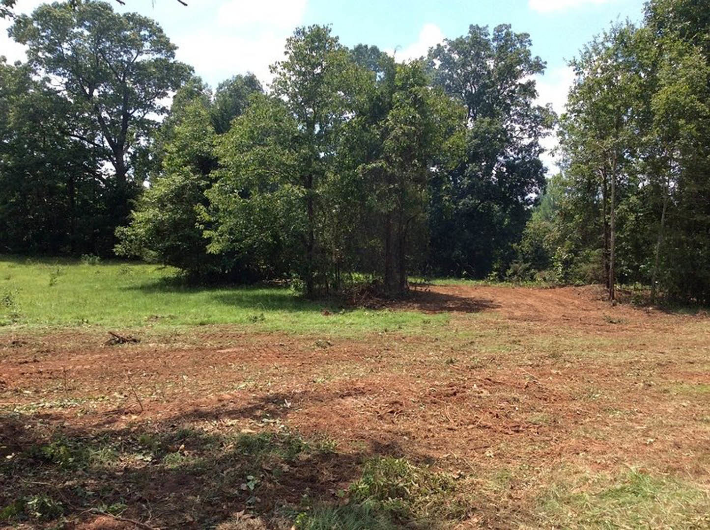 Dirt field bordered by green trees under a partly cloudy sky
