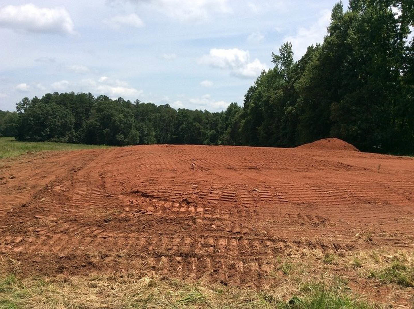 Dirt field with tire tracks bordered by dense trees under a partly cloudy sky