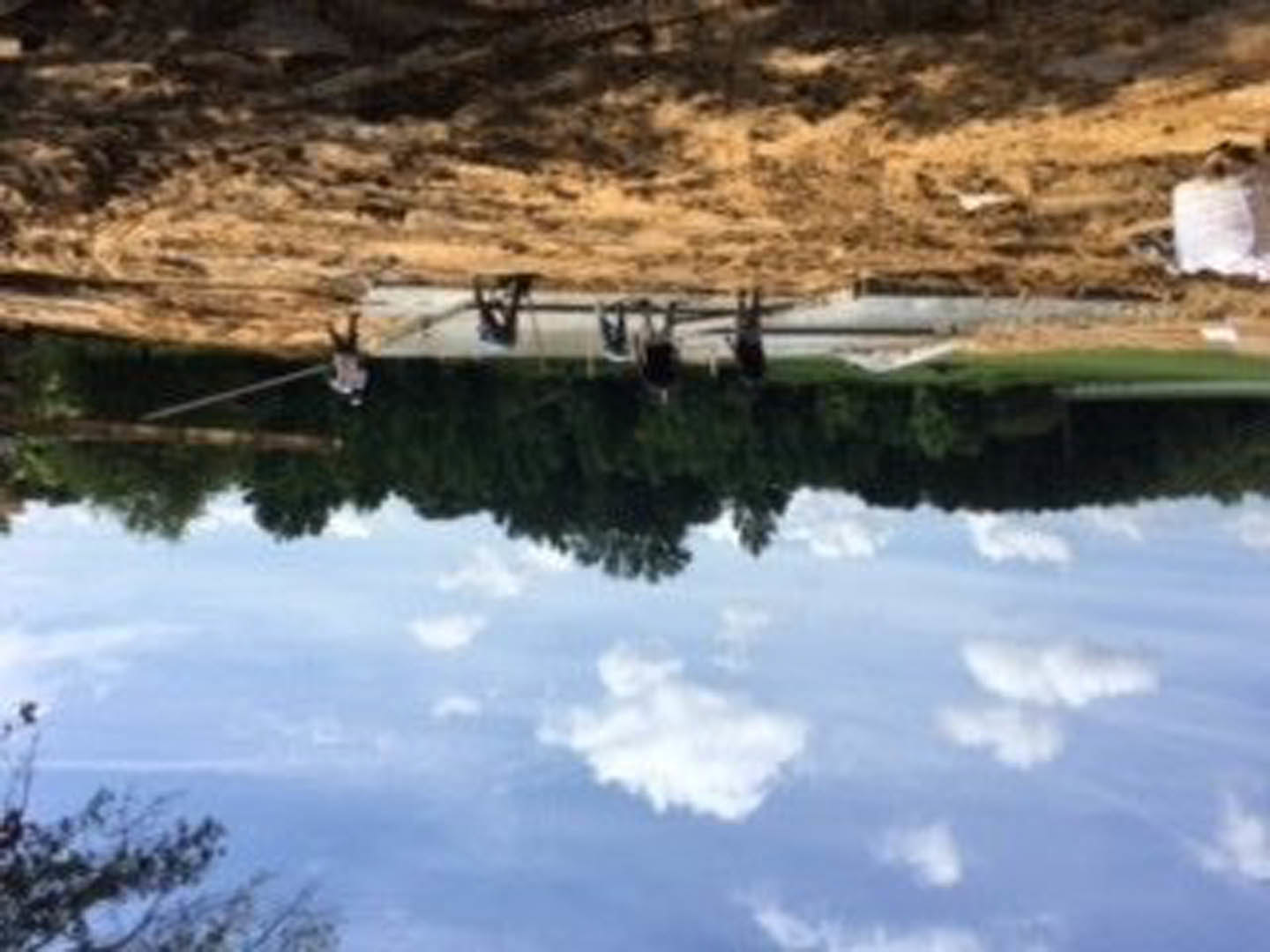 Modern custom home exterior with large windows, wood and stone finishes, overlooking landscaped lawn and reflective pond with mountain backdrop