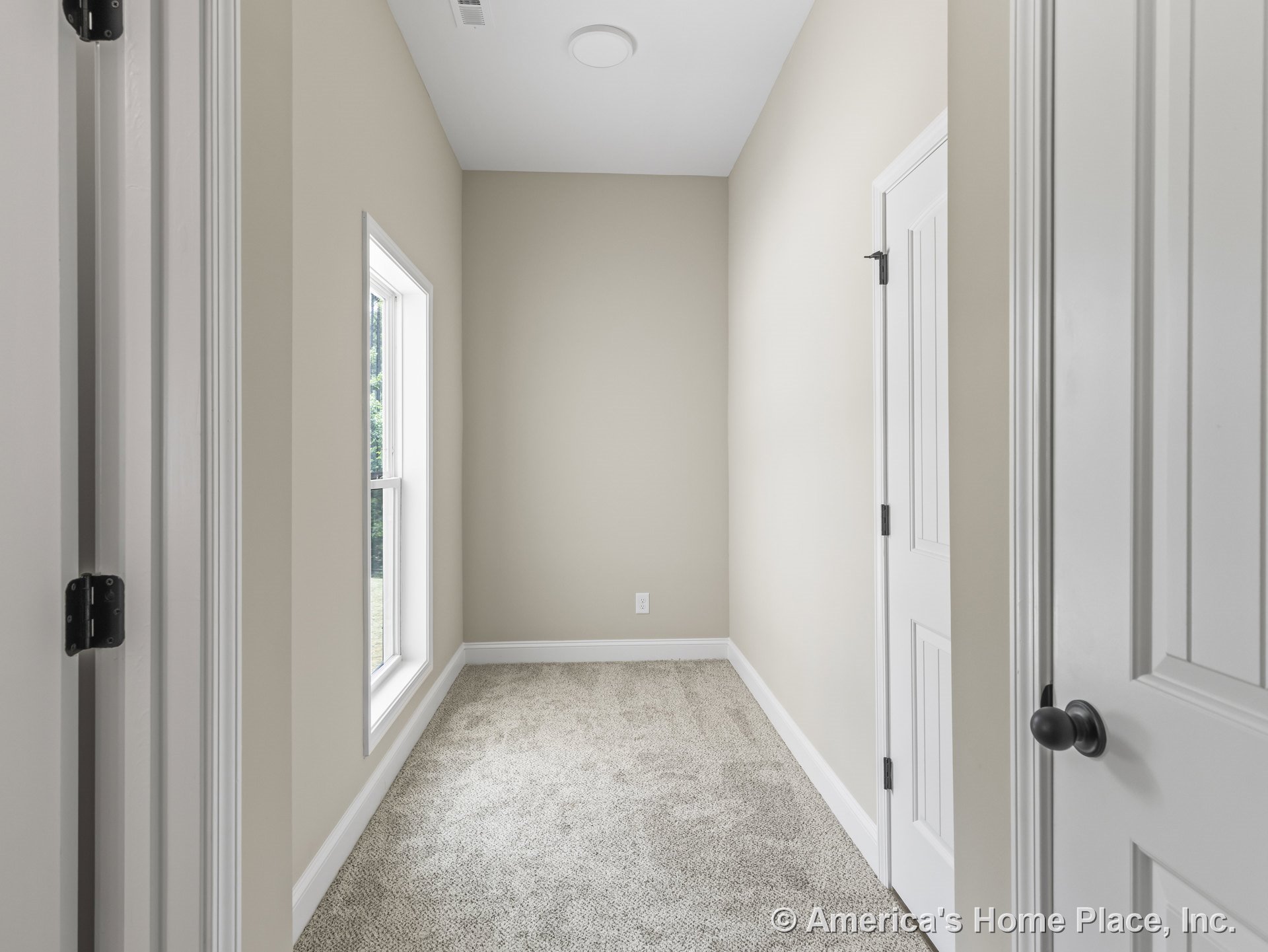 Small interior room with beige walls, carpet flooring, large window allowing natural light, white baseboards and trim, paneled closet door, and flat ceiling.