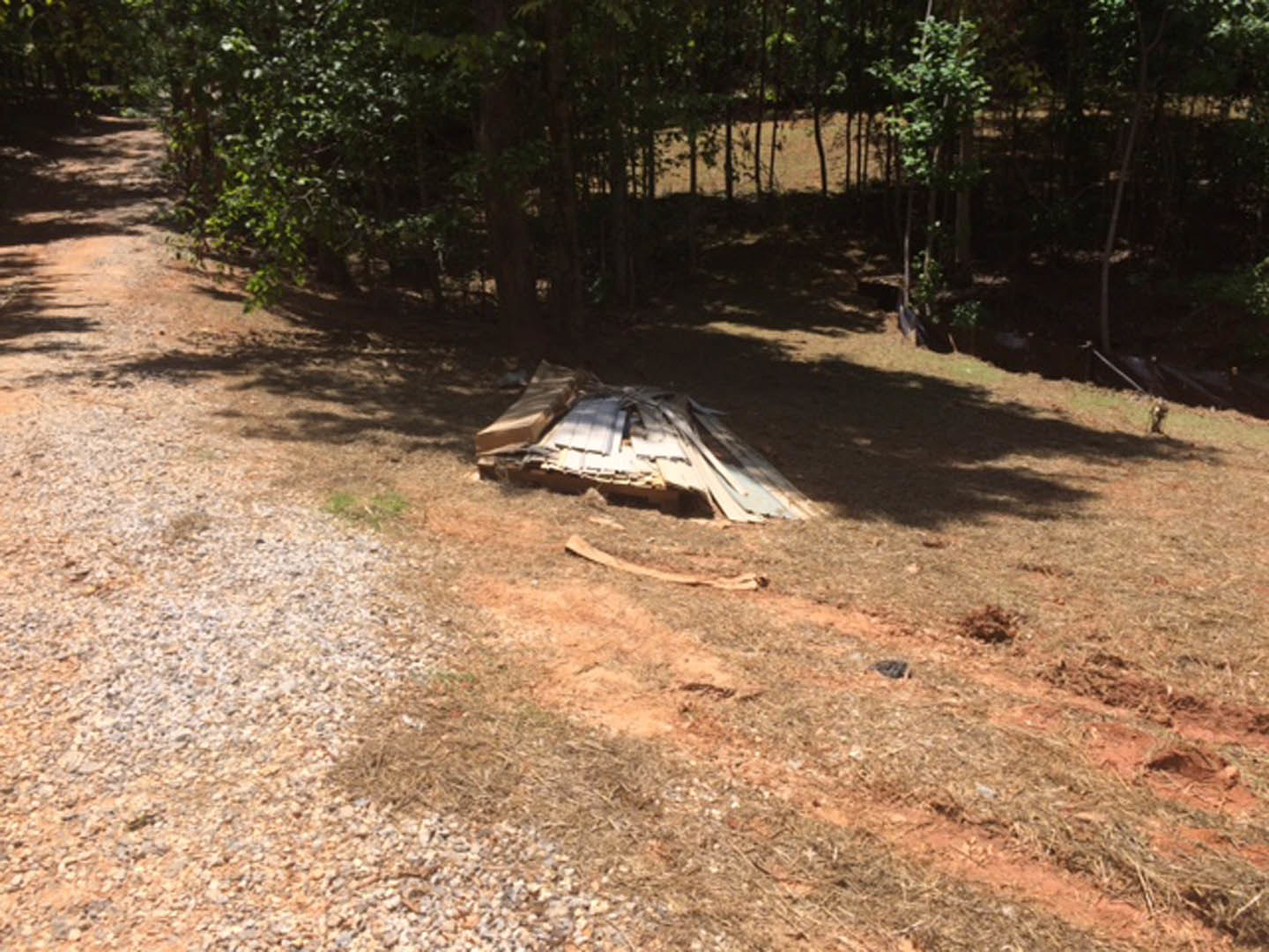 Stacked lumber on a pallet in a dirt field with scattered grass and trees in the background