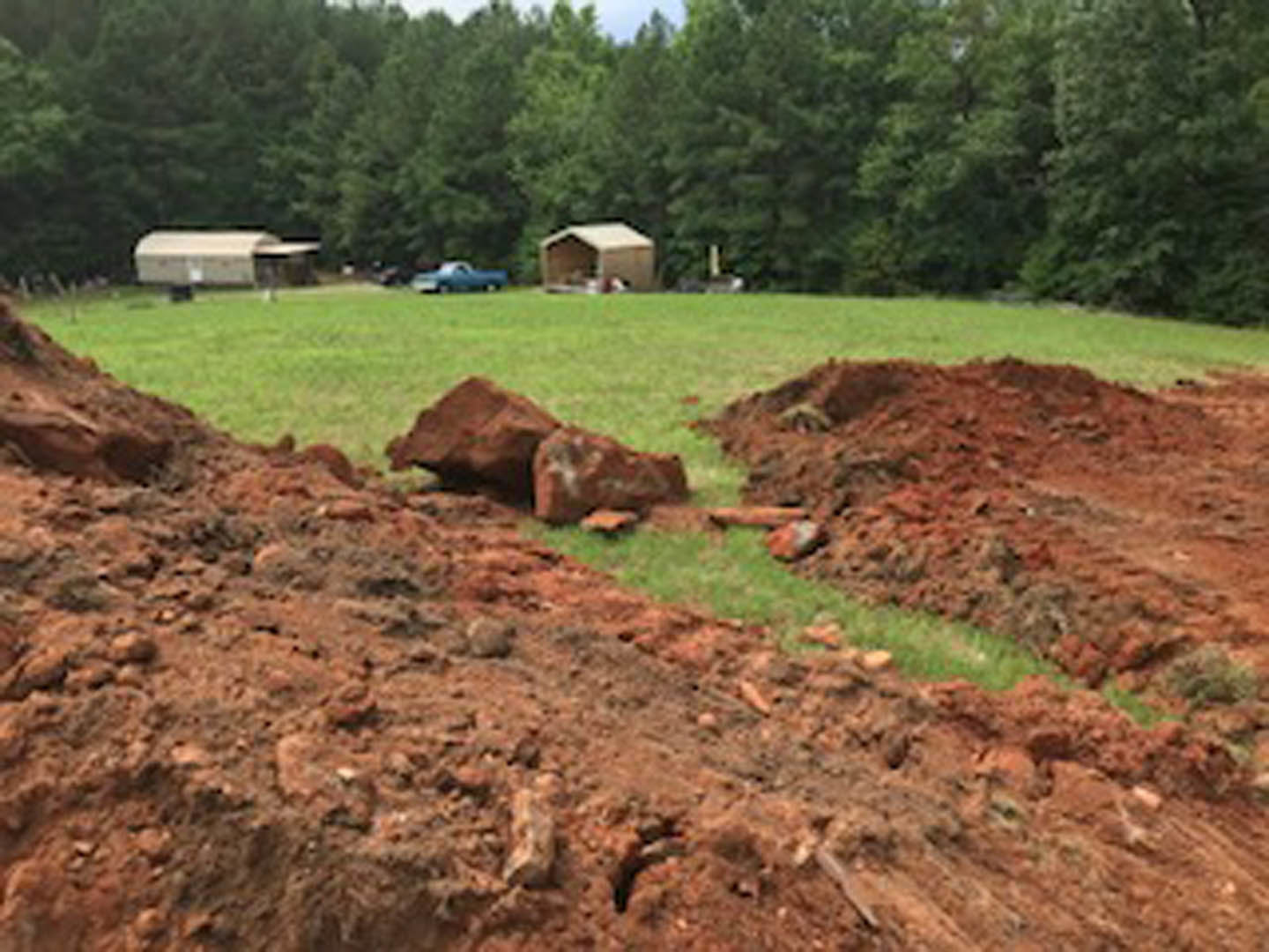Dirt mound in grassy field with trees and car in background, rural landscape under blue sky