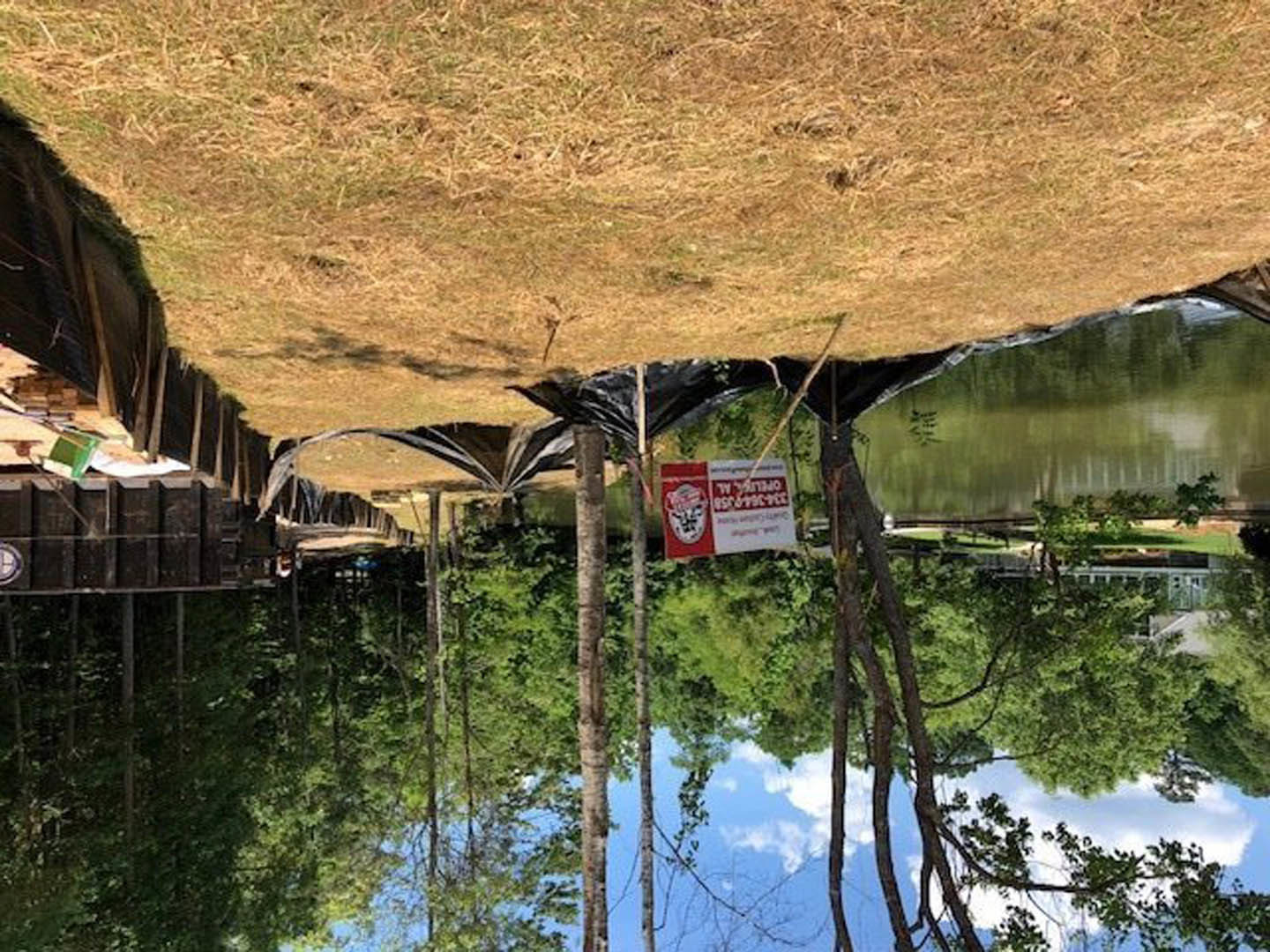 River bordered by lush trees and grass, reflective water surface, landscape sign visible near shoreline