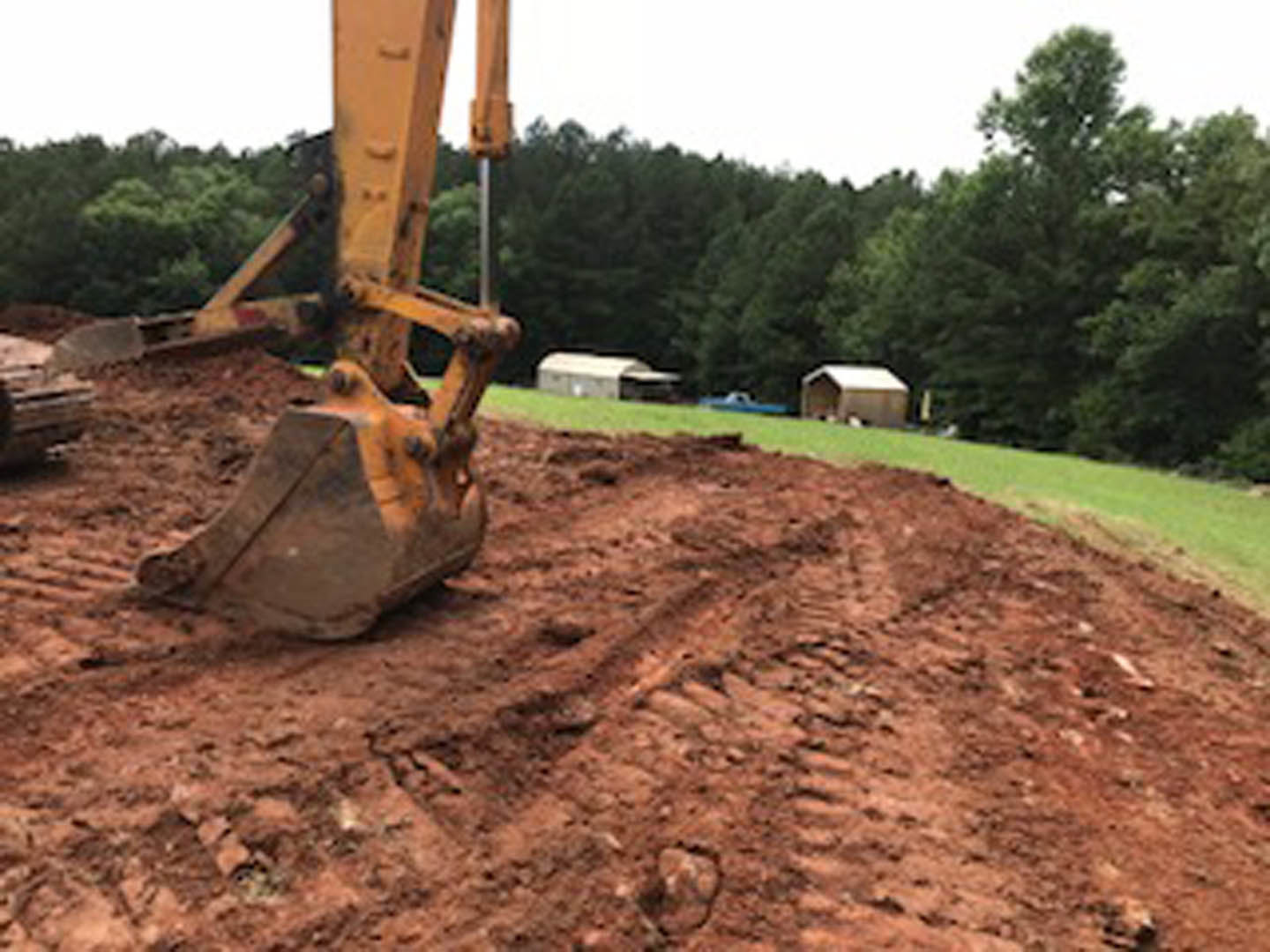 Yellow excavator with bucket digging soil in a grassy outdoor area, trees and blue sky in background