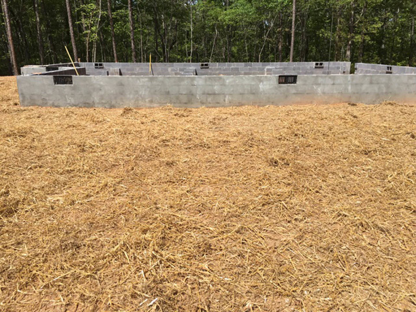 Grey concrete wall in foreground with dry hay field and leafy trees in the background