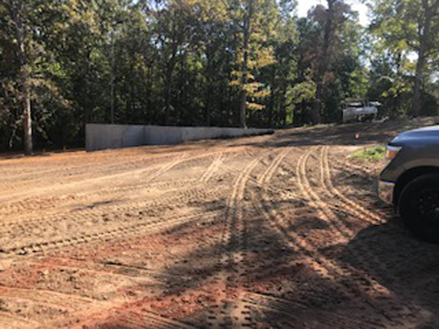 Dirt road with deep tire tracks bordered by trees, loose soil, and patches of grass
