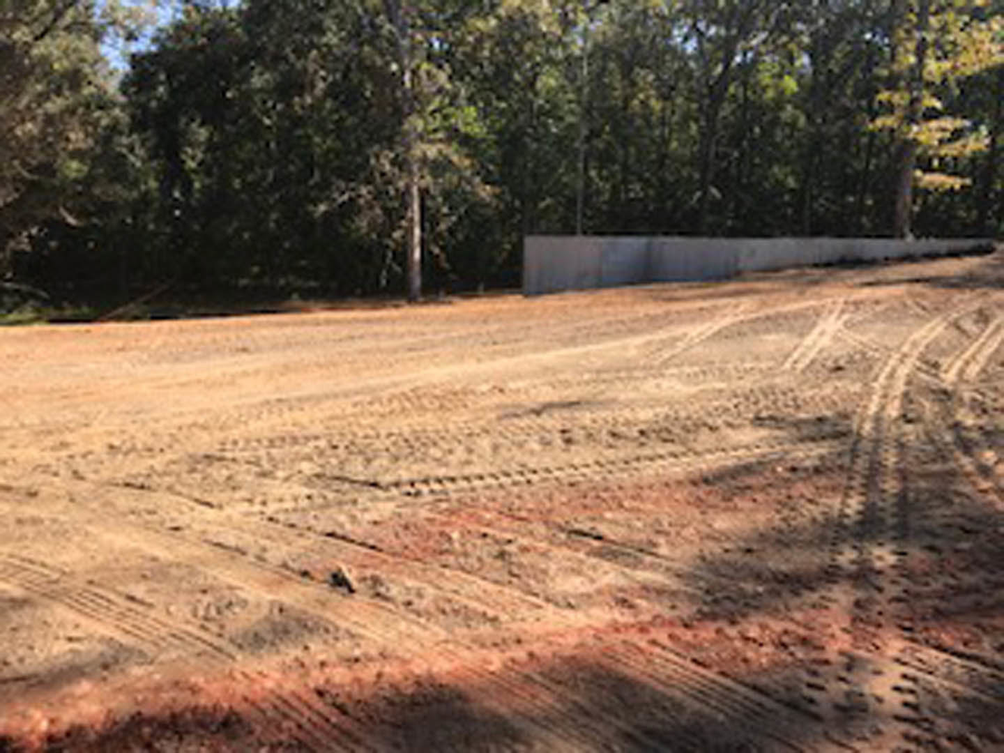 Dirt field with tire tracks bordered by trees and grass, faint fence visible in background