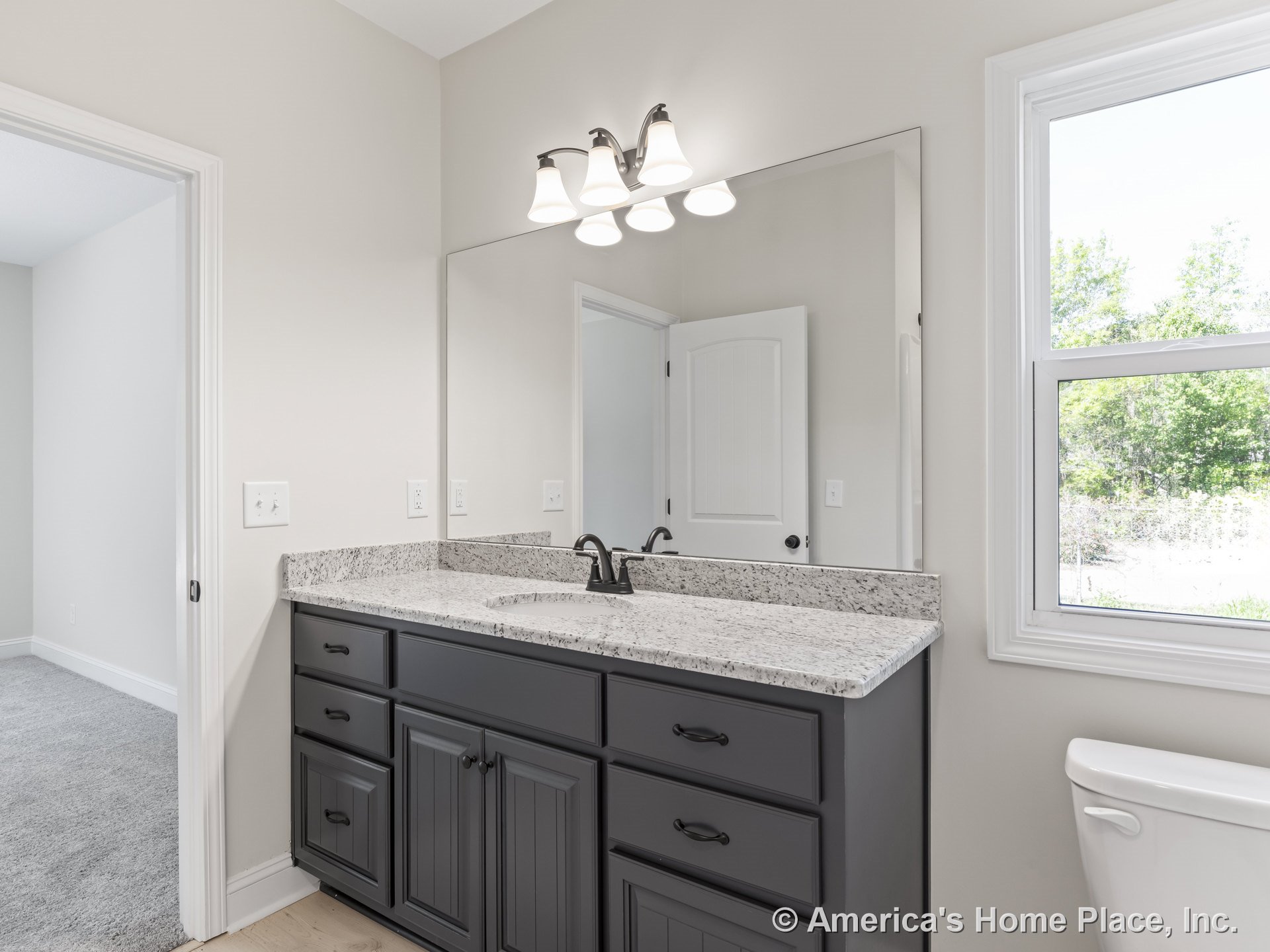 Granite vanity countertop with dark shaker-style cabinets, large wall-mounted mirror, three-light fixture above mirror, white trim window, interior bathroom door, and modern sink