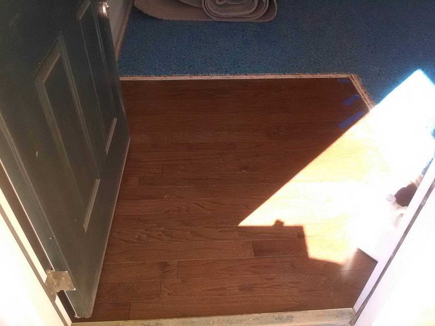 Wood door set in hardwood floor with circular hole cut through floorboards, illuminated by overhead light.