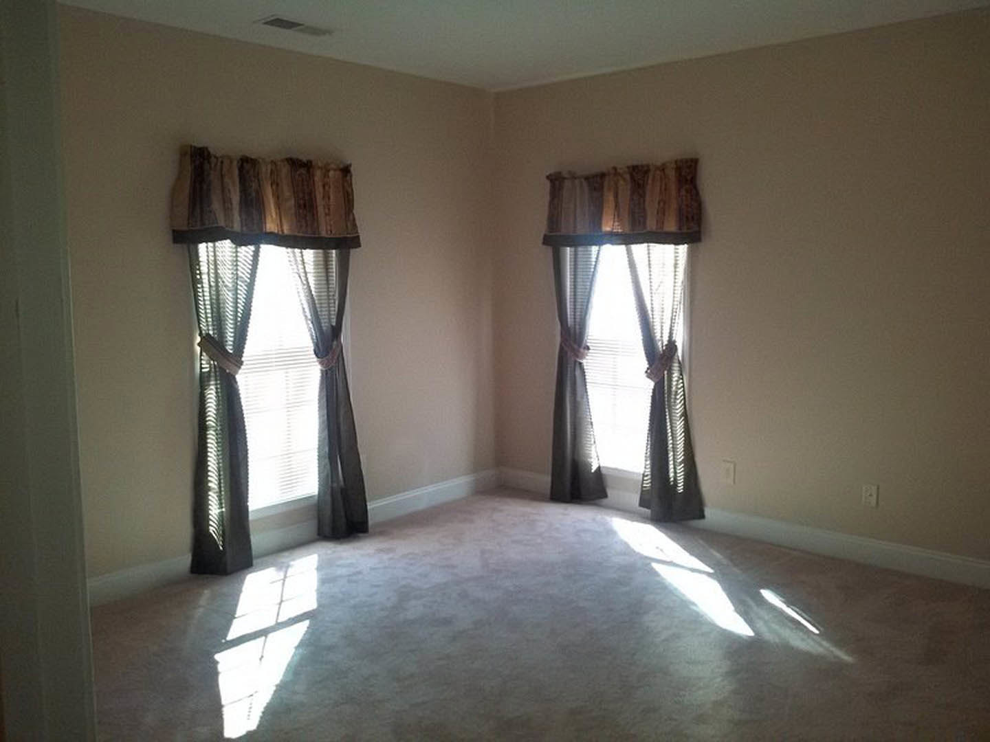Carpeted room with large window, sheer curtains filtering daylight, neutral walls, and soft flooring