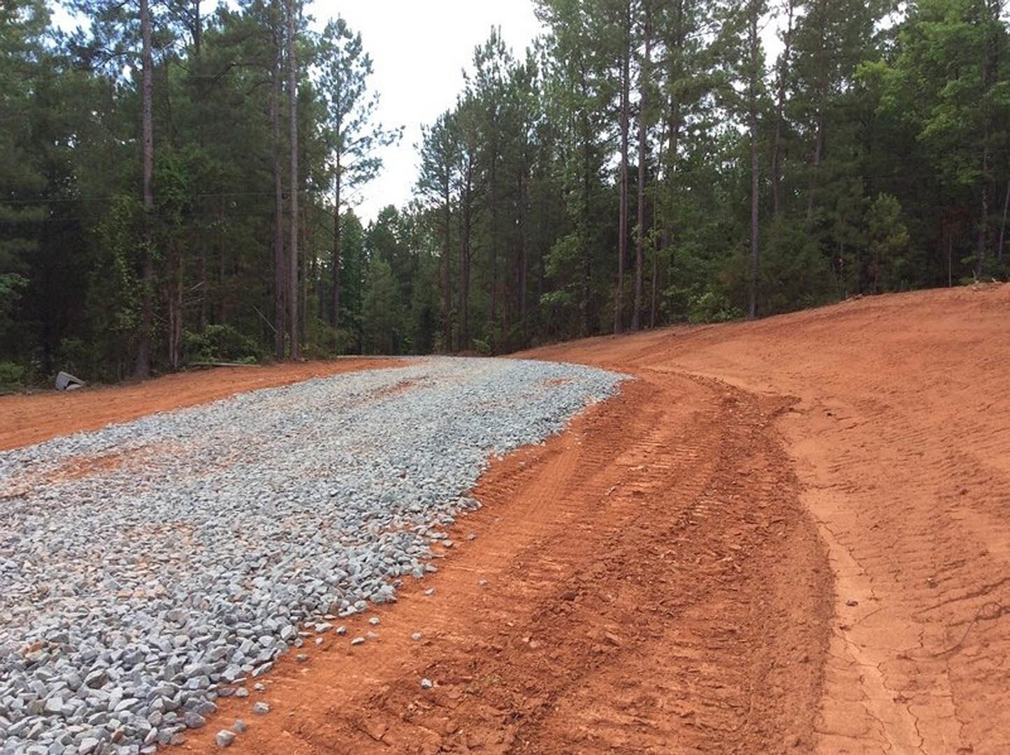 Gravel road with tire tracks bordered by trees and plants under a clear sky