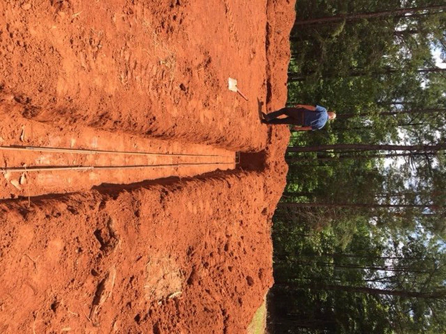 Man in black shirt standing on dirt lot with exposed metal rods, brick exterior wall and trees in background