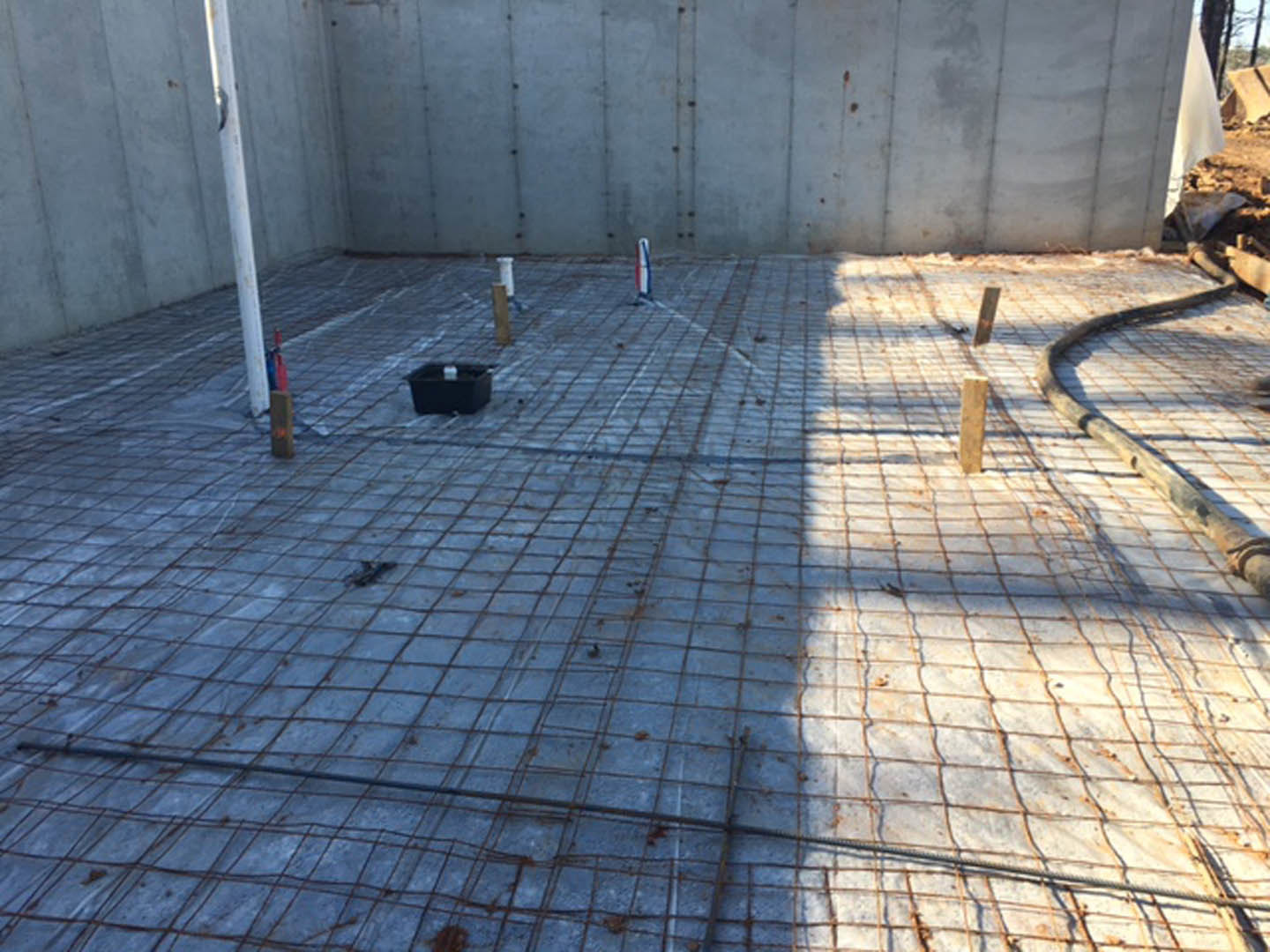 Concrete floor with wire mesh, black box holding a white object, curved structure in the background, concrete wall with a white pole featuring a black stripe, cat sitting near