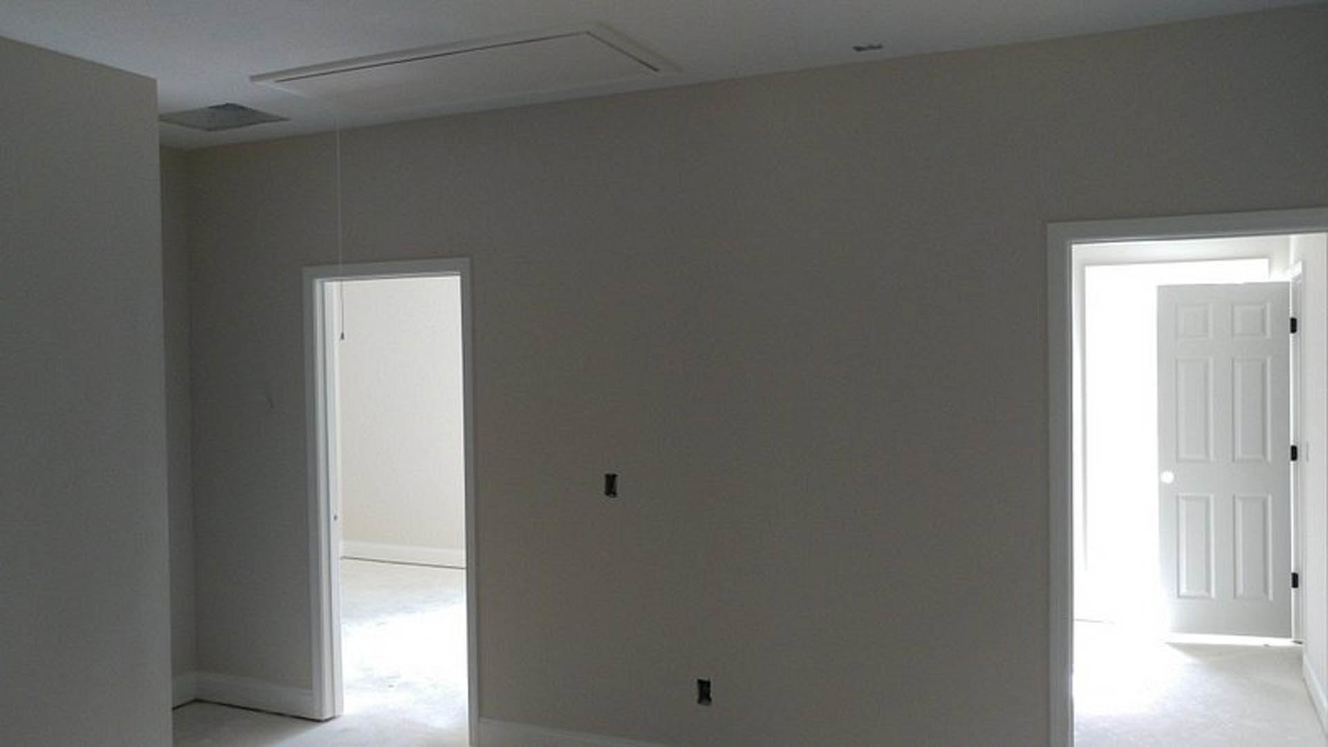 White paneled door with matte black handle open to reveal bright natural light, smooth plaster walls, light wood flooring, and white ceiling in modern residential interior.