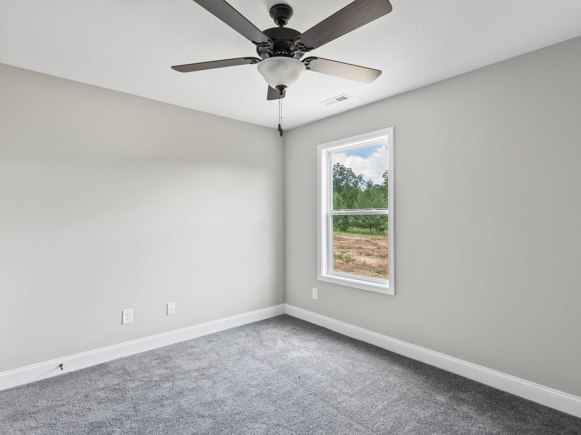 Ceiling fan with light fixture mounted on white plaster ceiling above grey carpeted floor, window with trees visible outside.