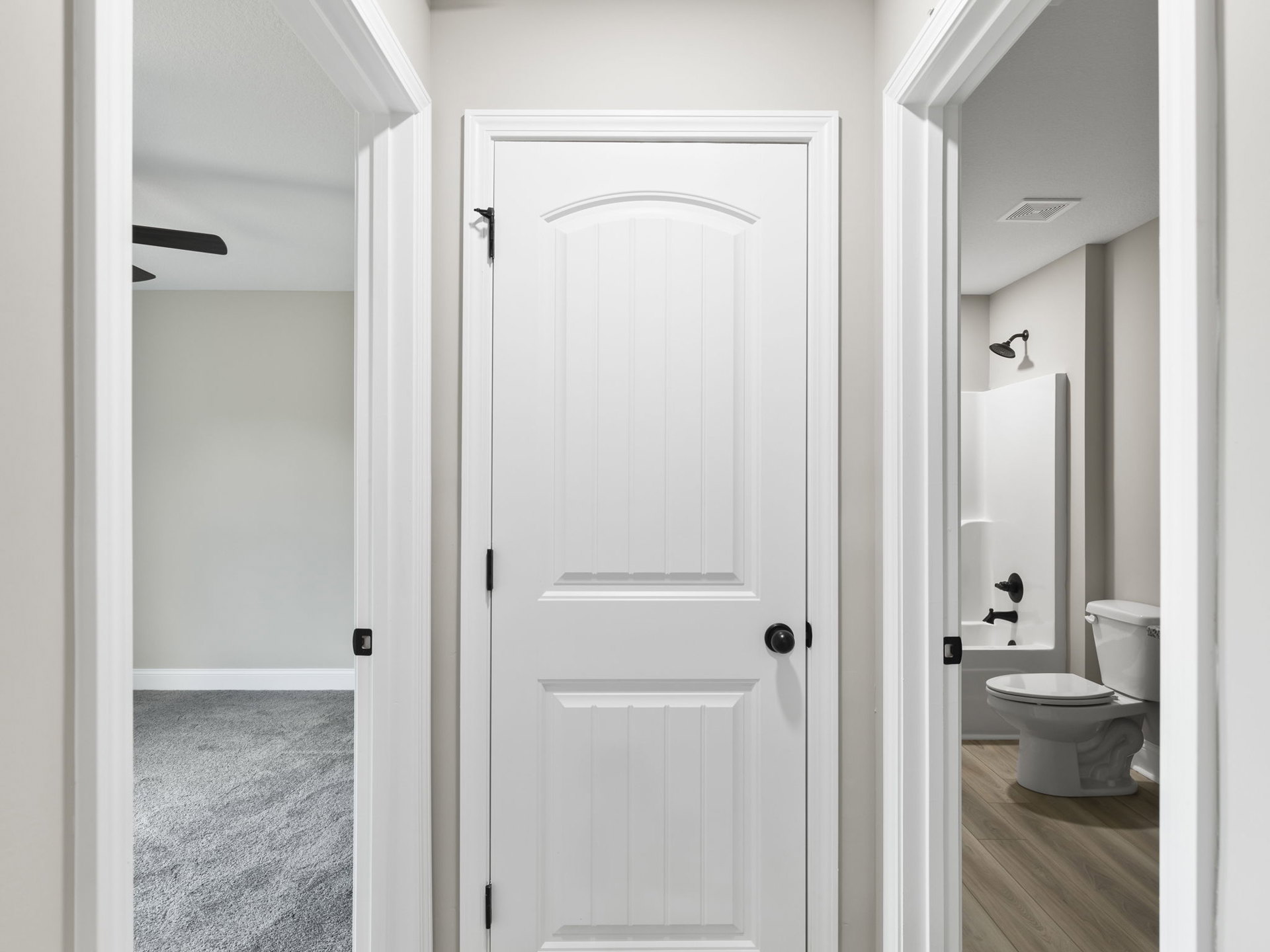 White bathroom door with black knobs, white toilet with seat down on wood flooring, partial carpet visible, white wall fixture with circular opening.