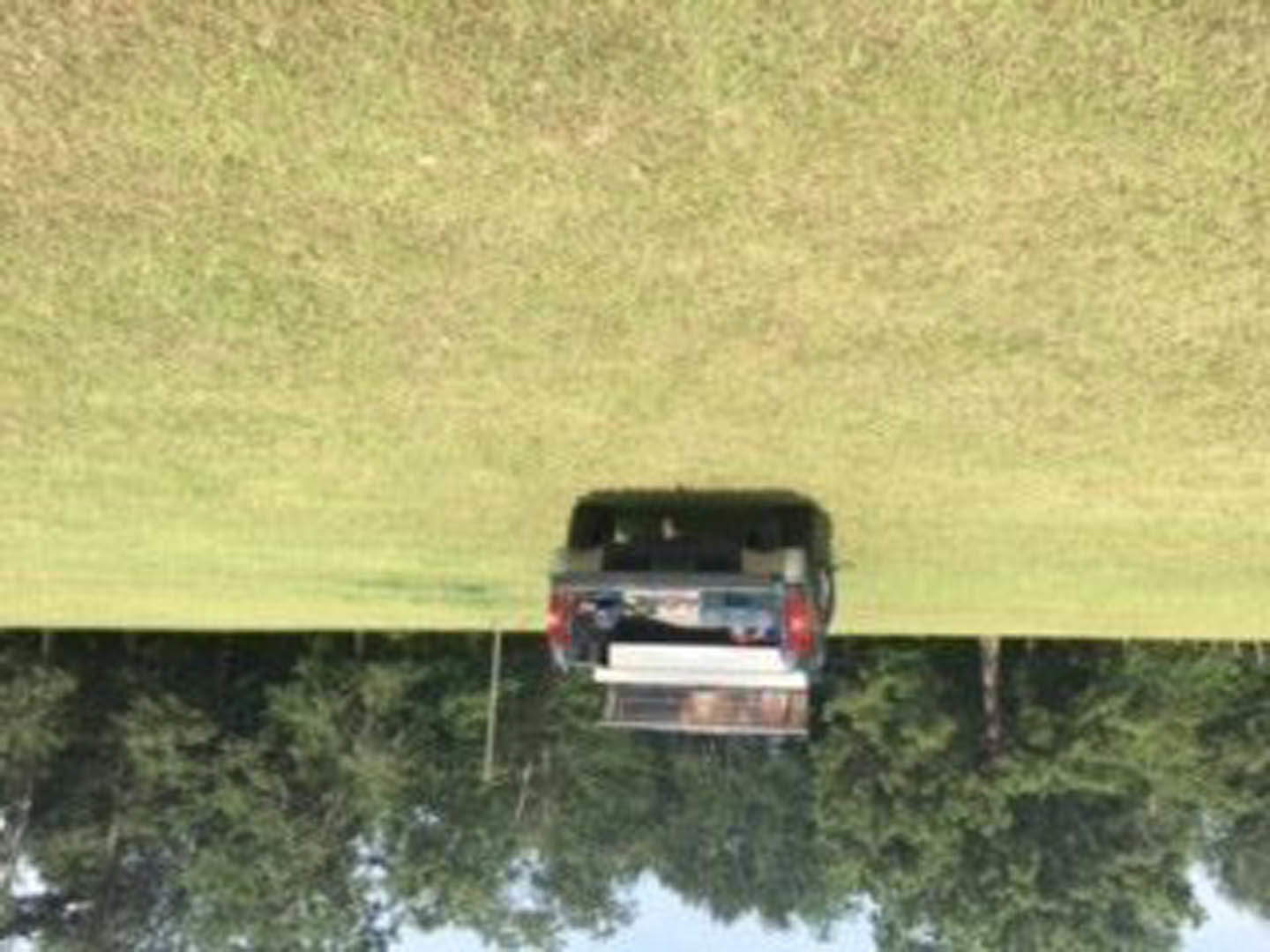 White pickup truck parked on grassy field with scattered trees in background, image slightly blurred